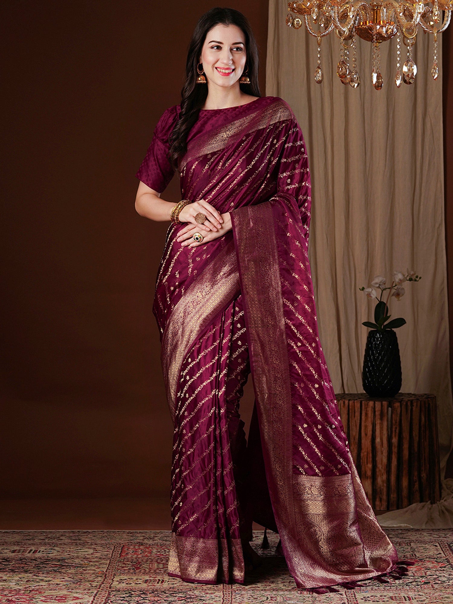Maroon Floral Georgette Saree with Jari Border - Ressa