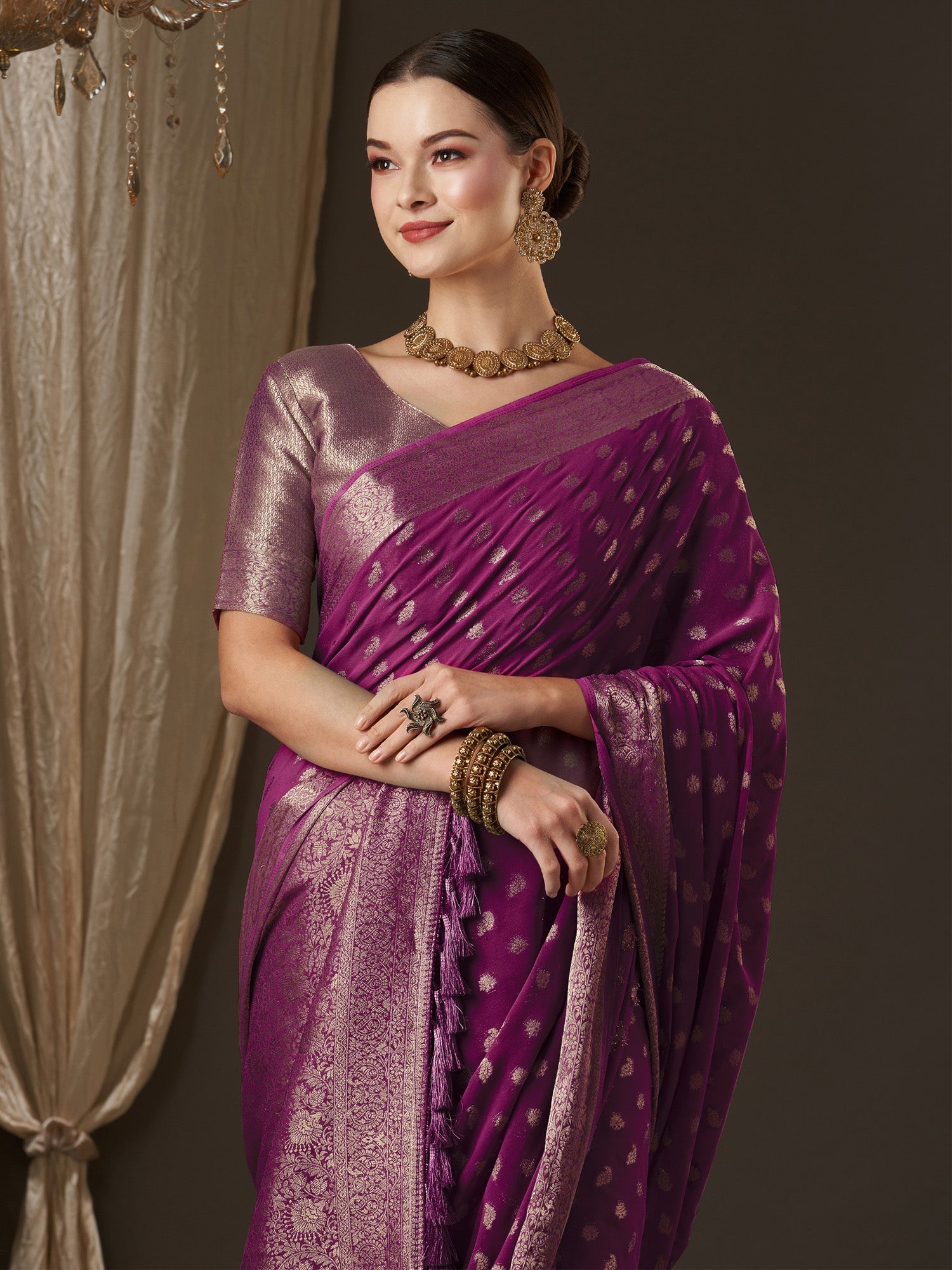Maroon Floral Georgette Saree with Jari Border - Ressa