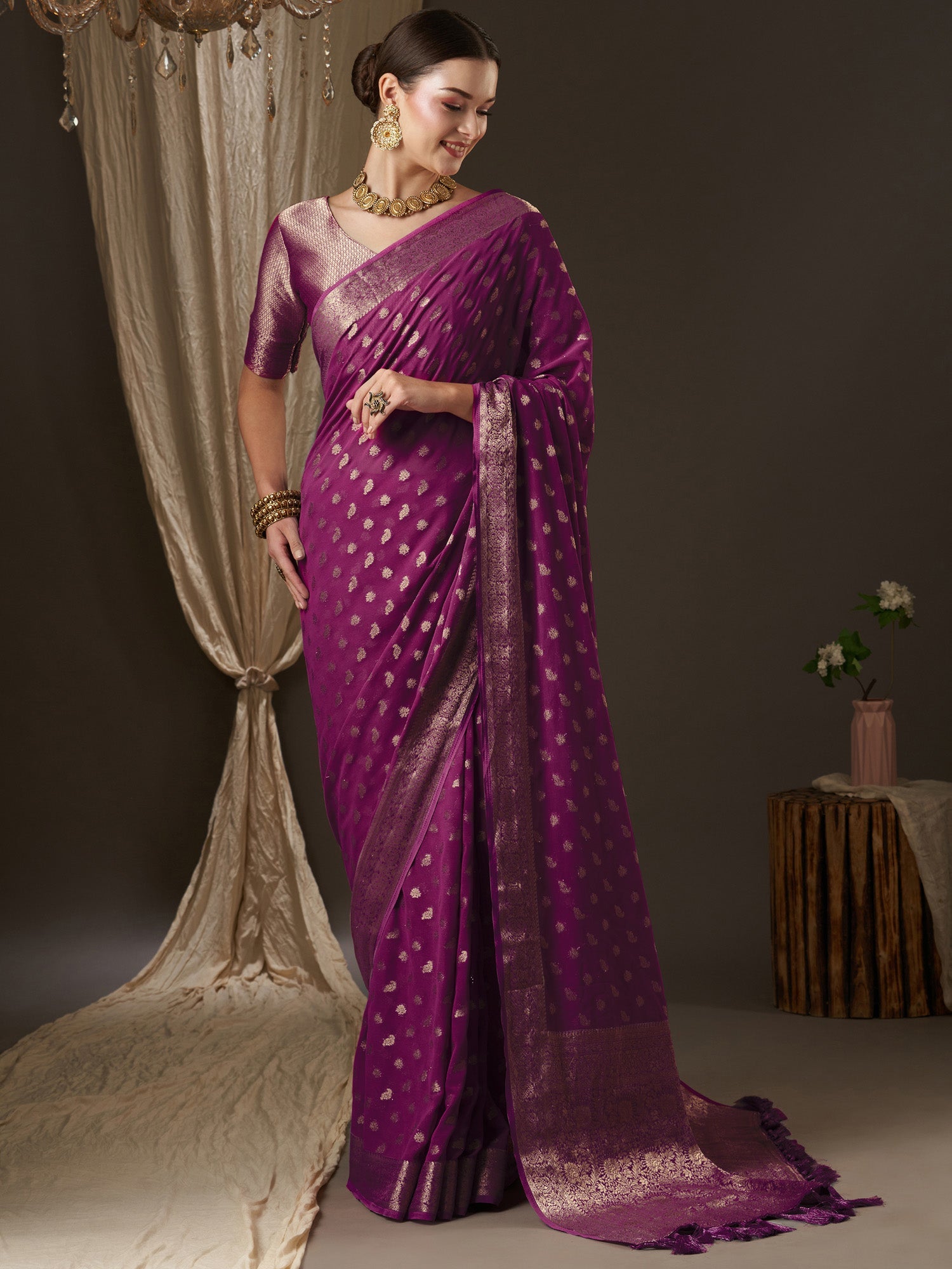 Maroon Floral Georgette Saree with Jari Border - Ressa