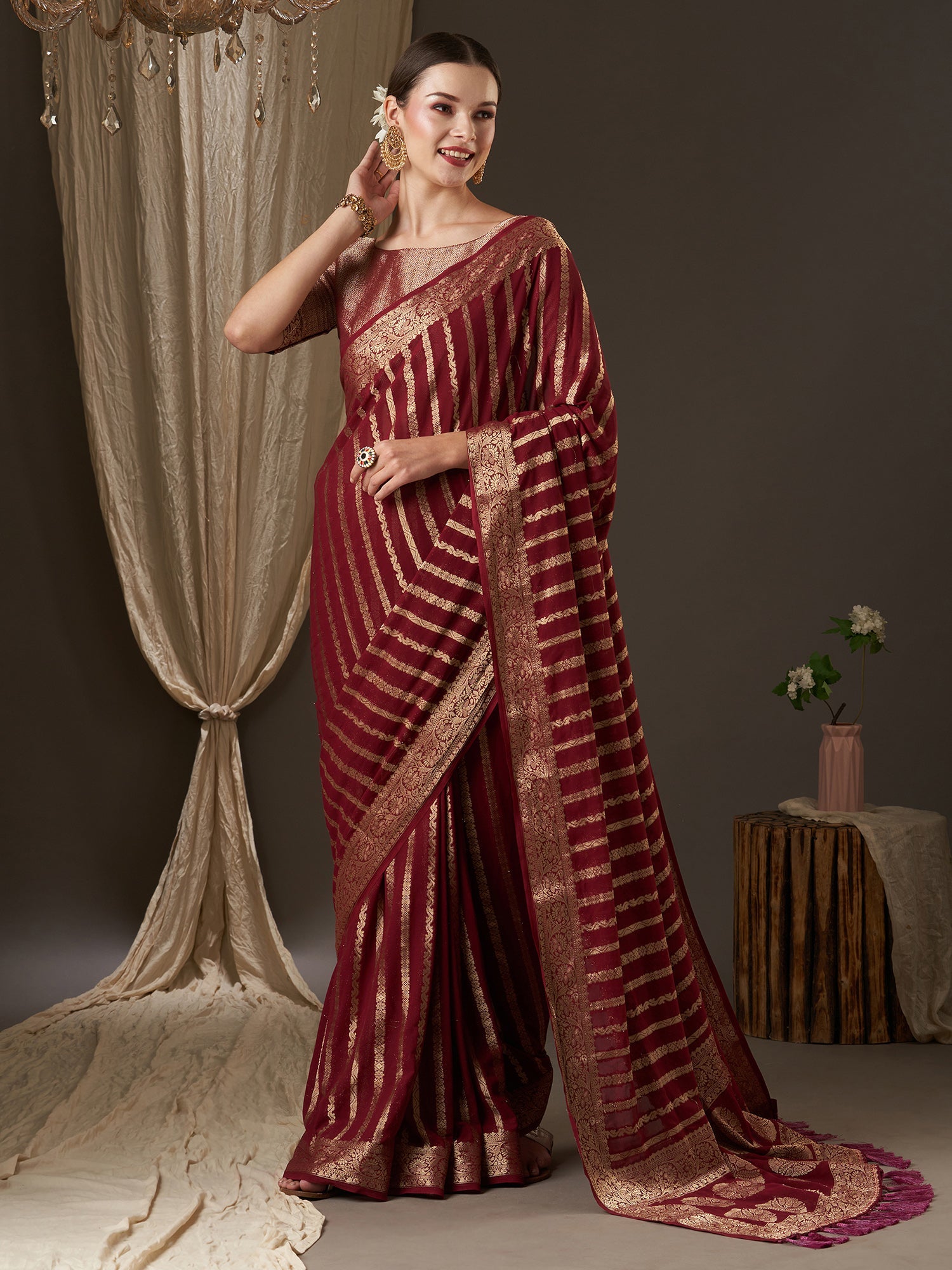 Maroon Floral Georgette Saree with Jari Border - Ressa