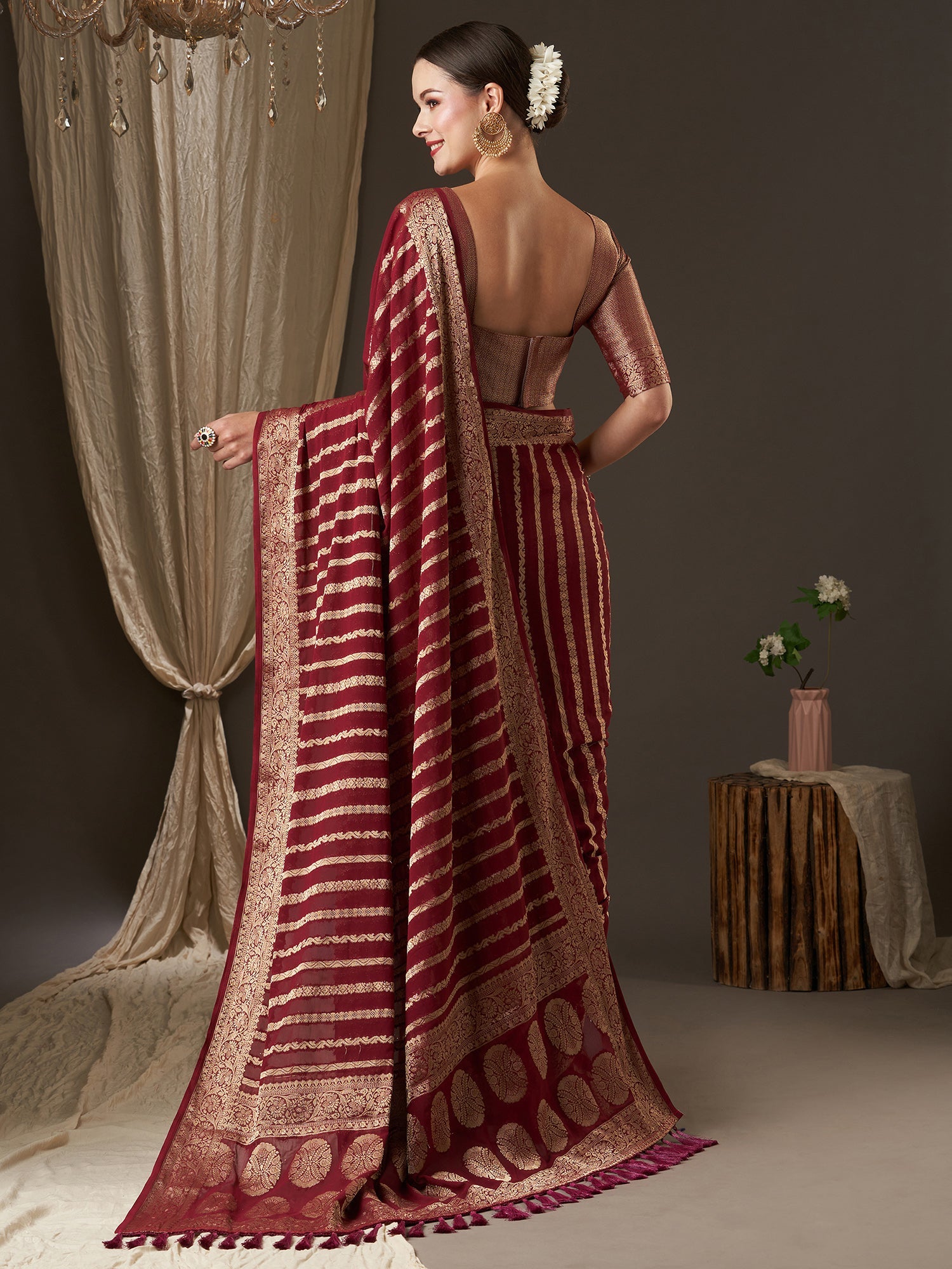 Maroon Floral Georgette Saree with Jari Border - Ressa