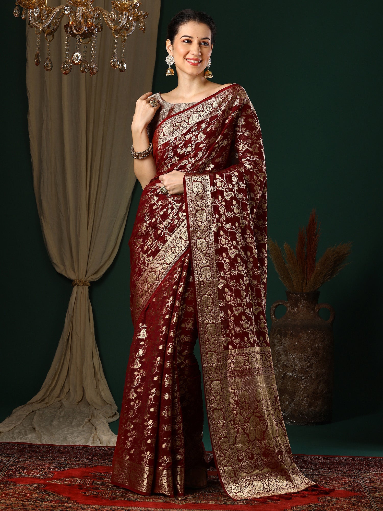 Maroon Floral Georgette Saree with Jari Border - Ressa