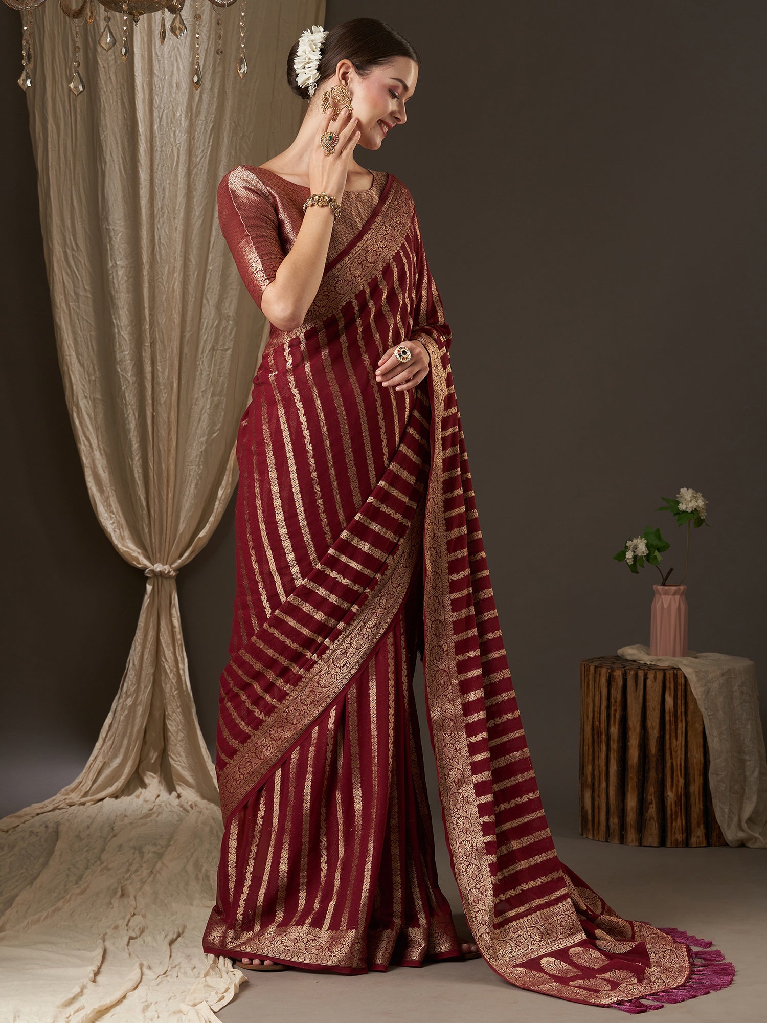 Maroon Floral Georgette Saree with Jari Border - Ressa