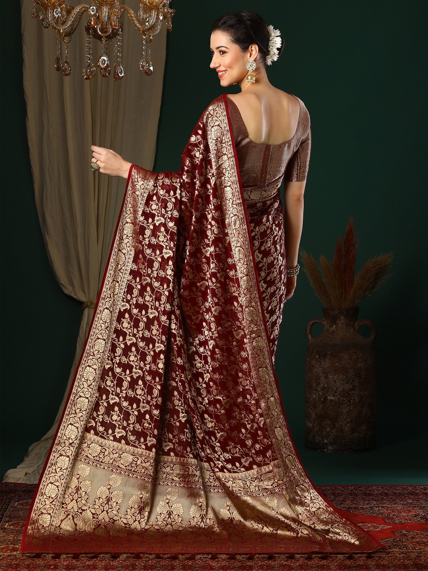 Maroon Floral Georgette Saree with Jari Border - Ressa