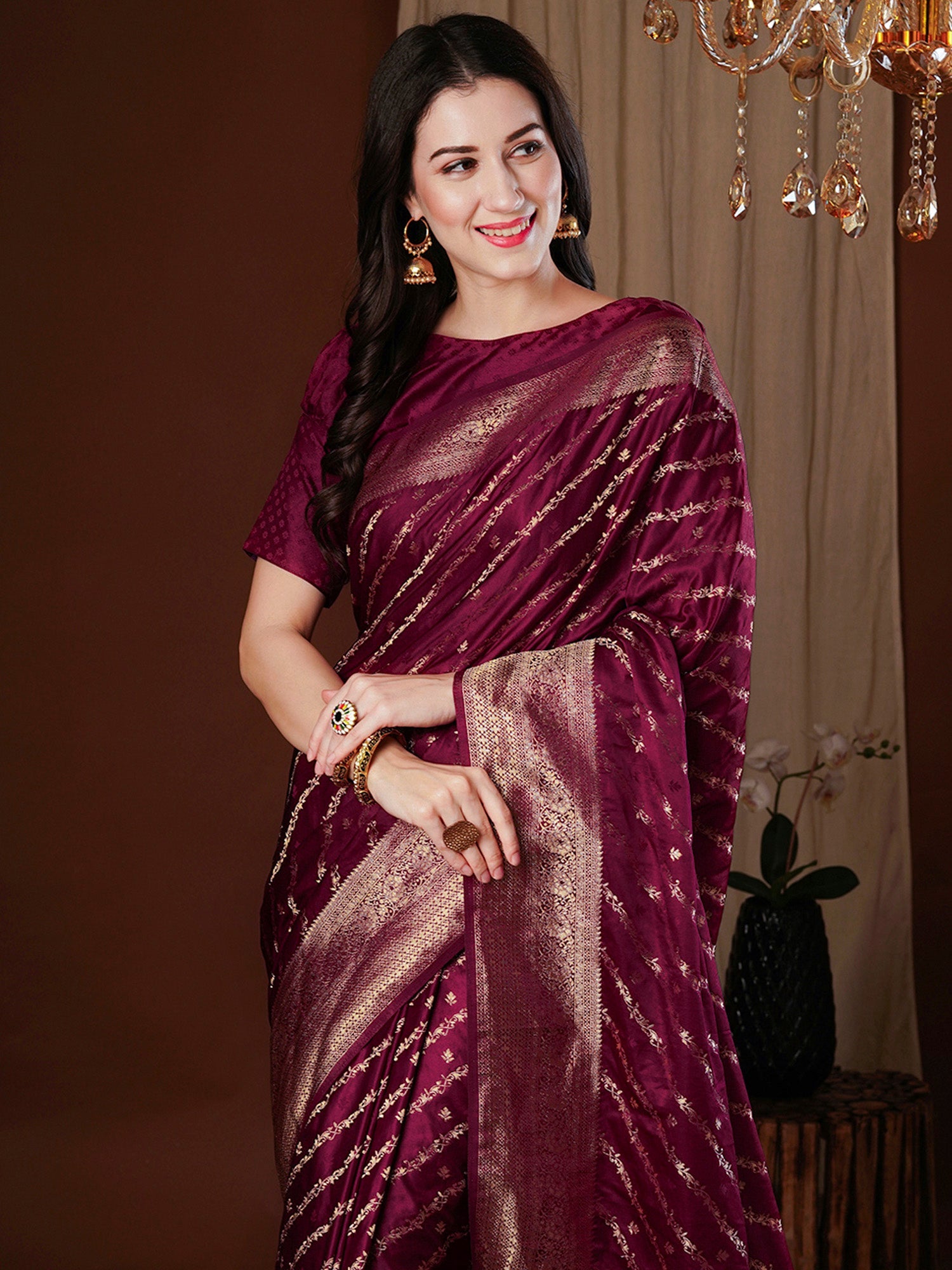 Maroon Floral Georgette Saree with Jari Border - Ressa