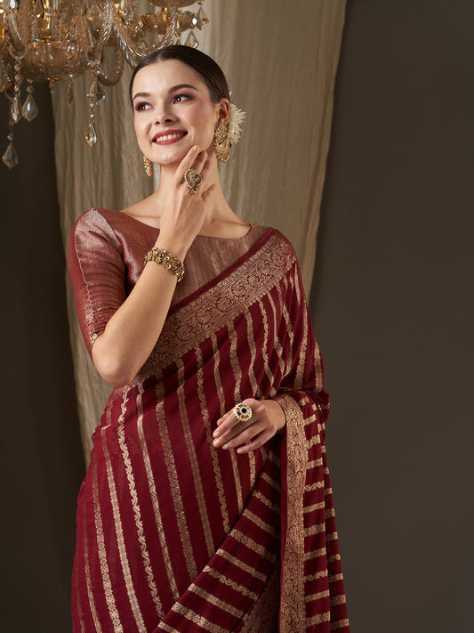 Maroon Floral Georgette Saree with Jari Border - Ressa