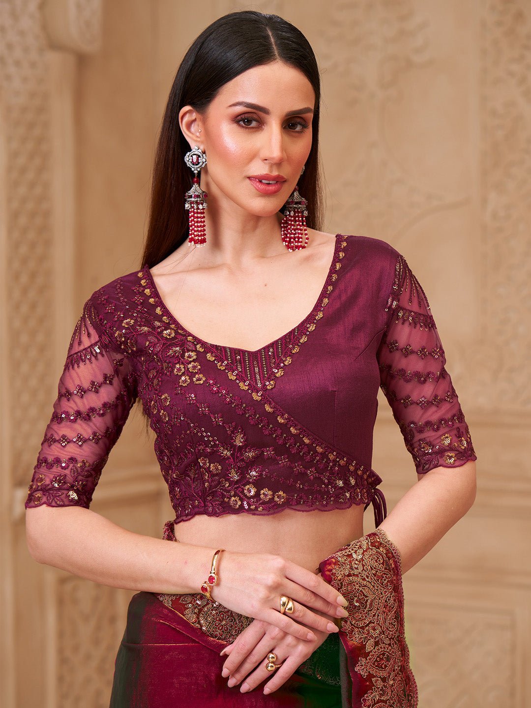 Maroon Georgette Emblished Party Wear Saree - Ressa