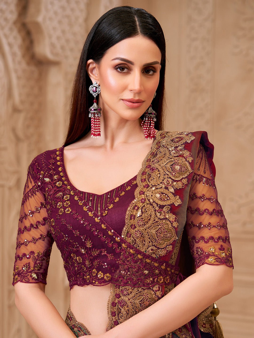 Maroon Georgette Emblished Party Wear Saree - Ressa