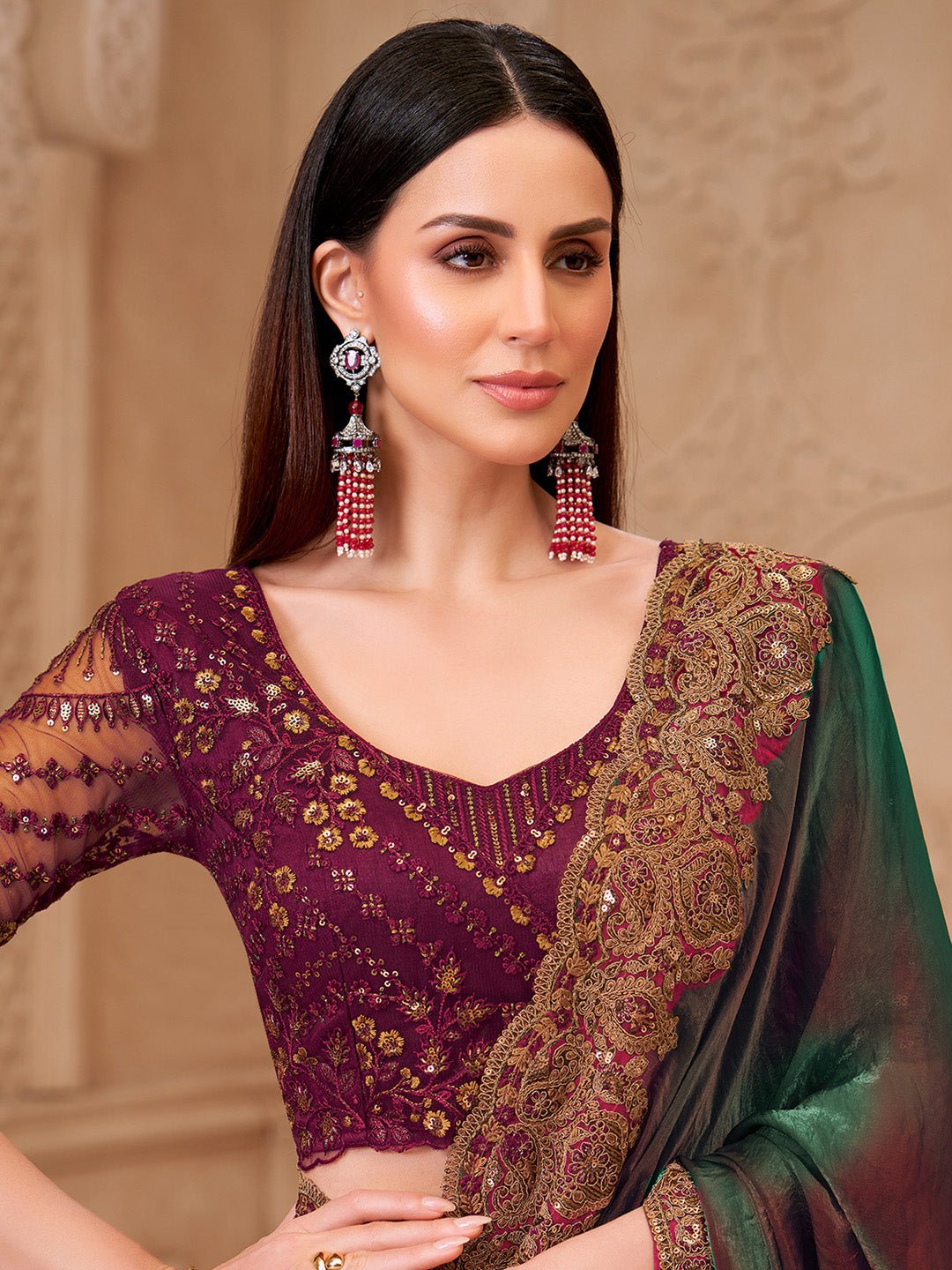 Maroon Georgette Emblished Party Wear Saree - Ressa
