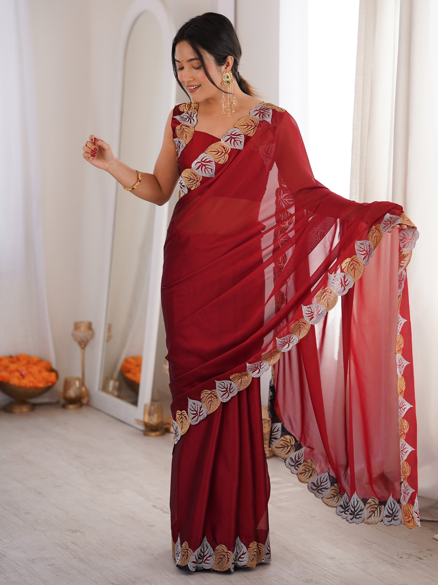 Maroon Georgette Embroidered Designer Saree - Ressa