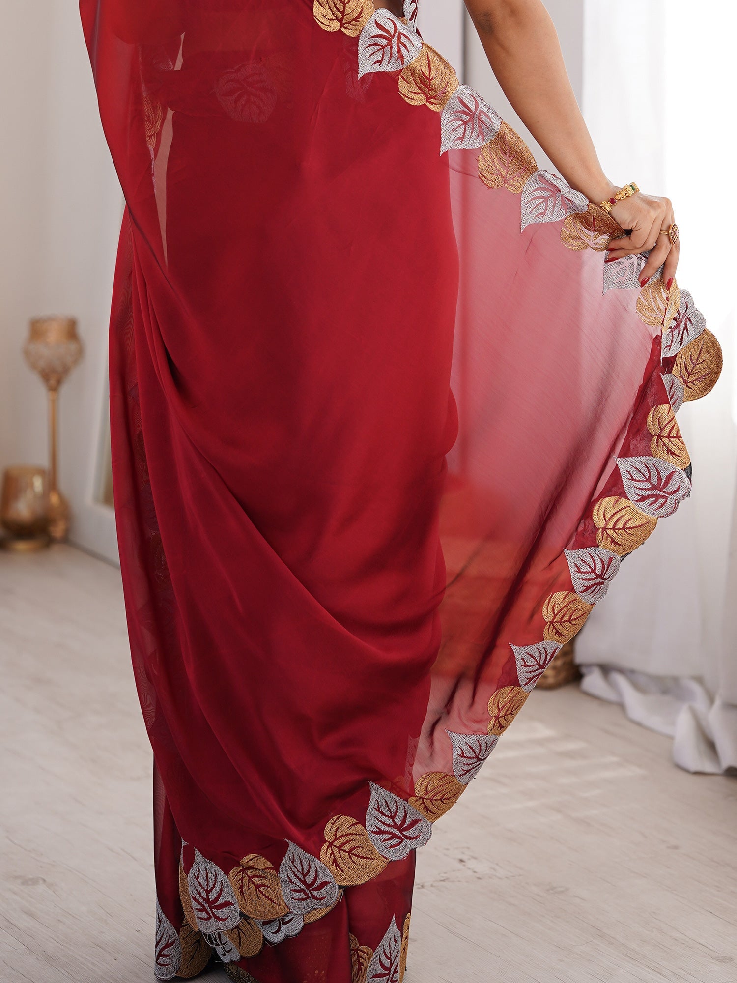 Maroon Georgette Embroidered Designer Saree - Ressa