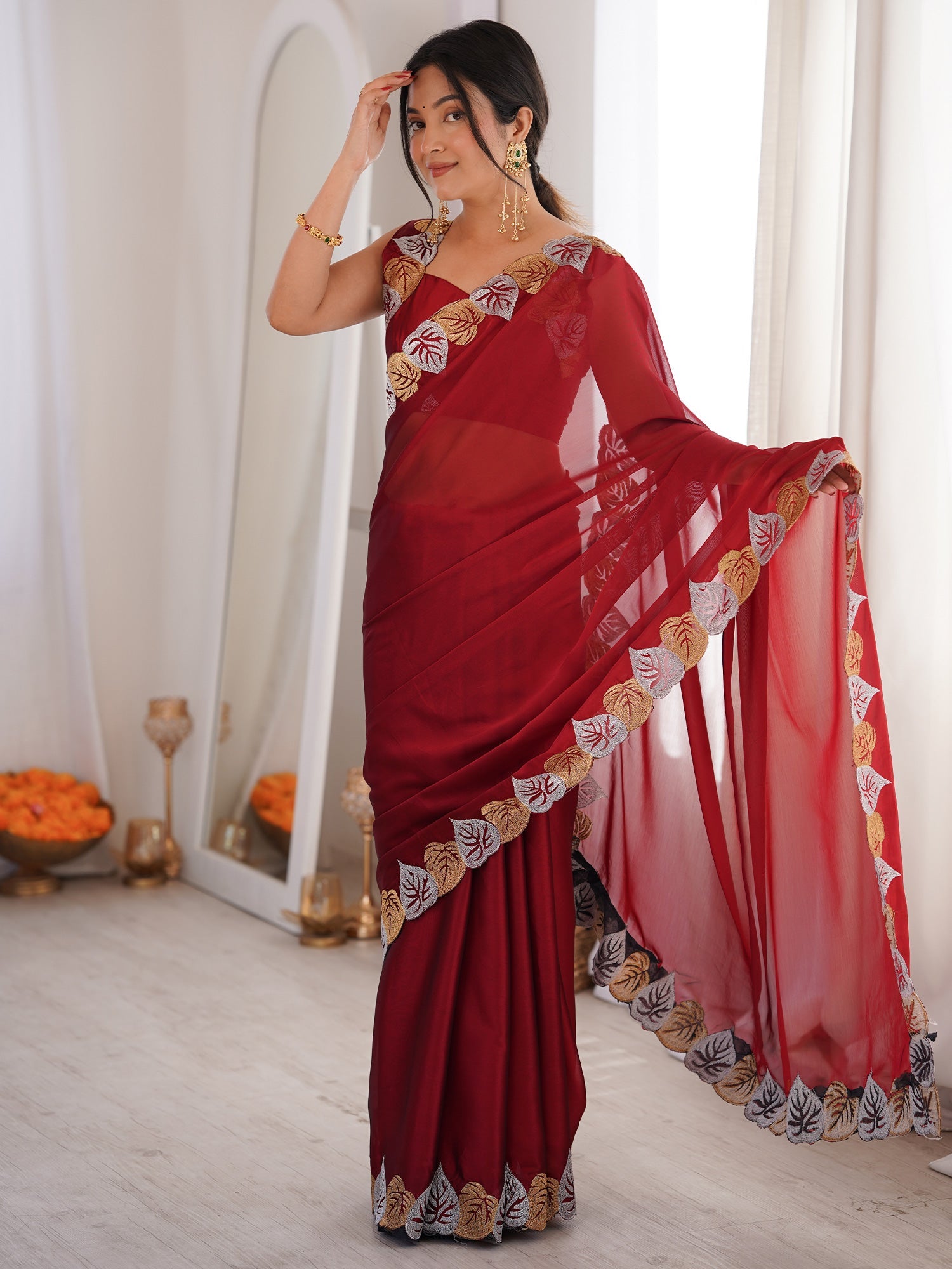Maroon Georgette Embroidered Designer Saree - Ressa
