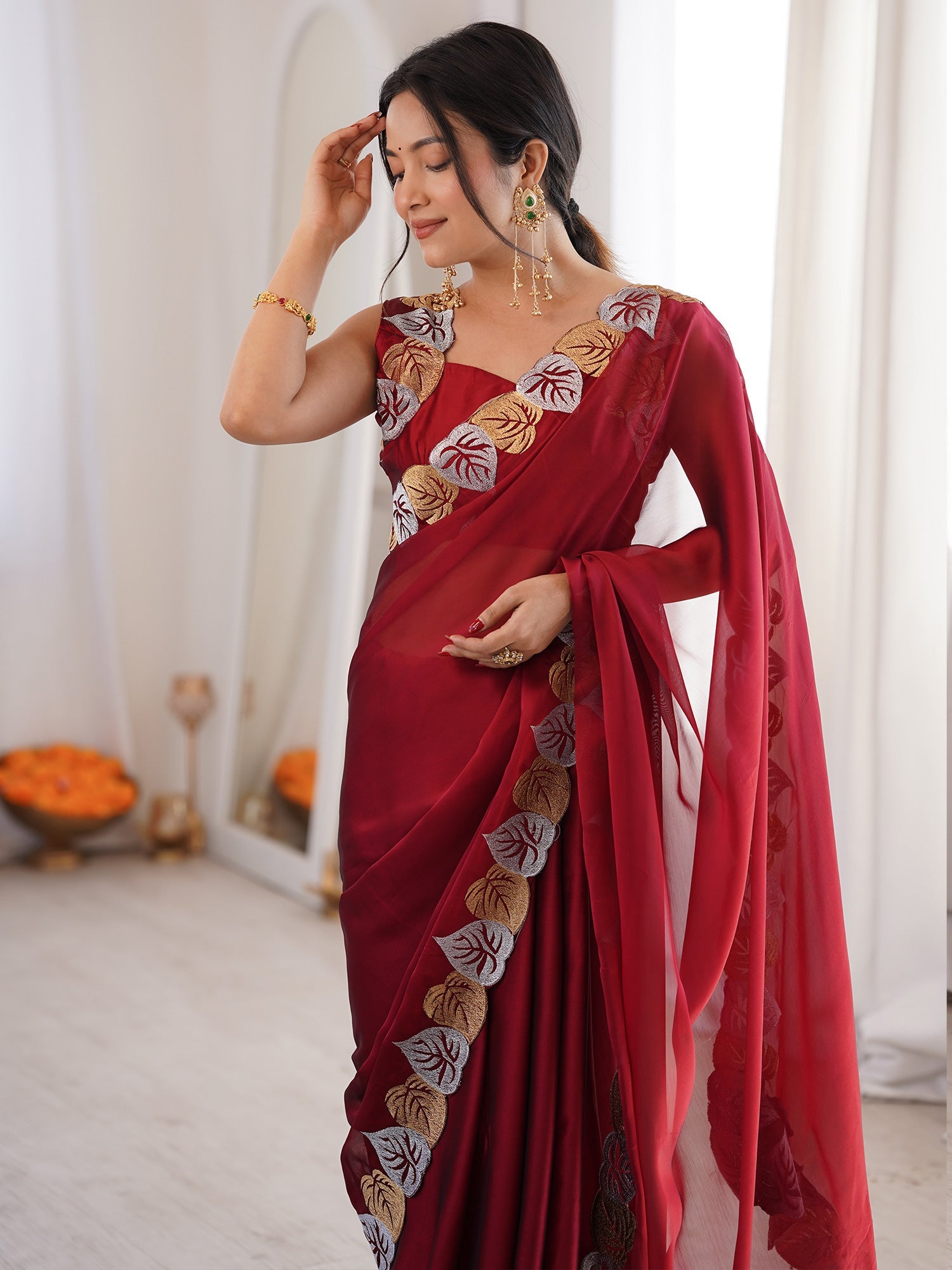 Maroon Georgette Embroidered Designer Saree - Ressa