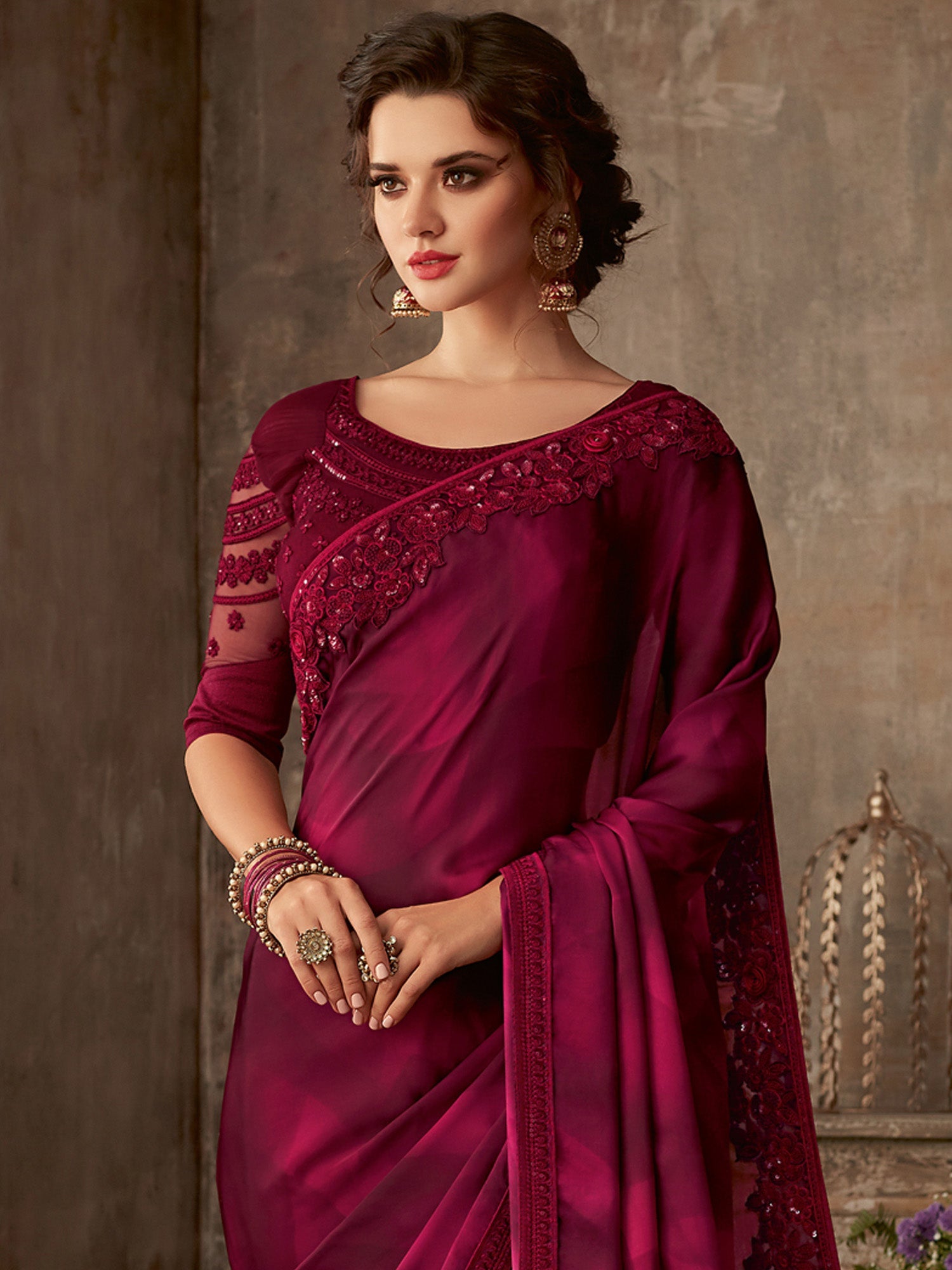 Maroon Georgette Resham Embroidery Saree - Ressa