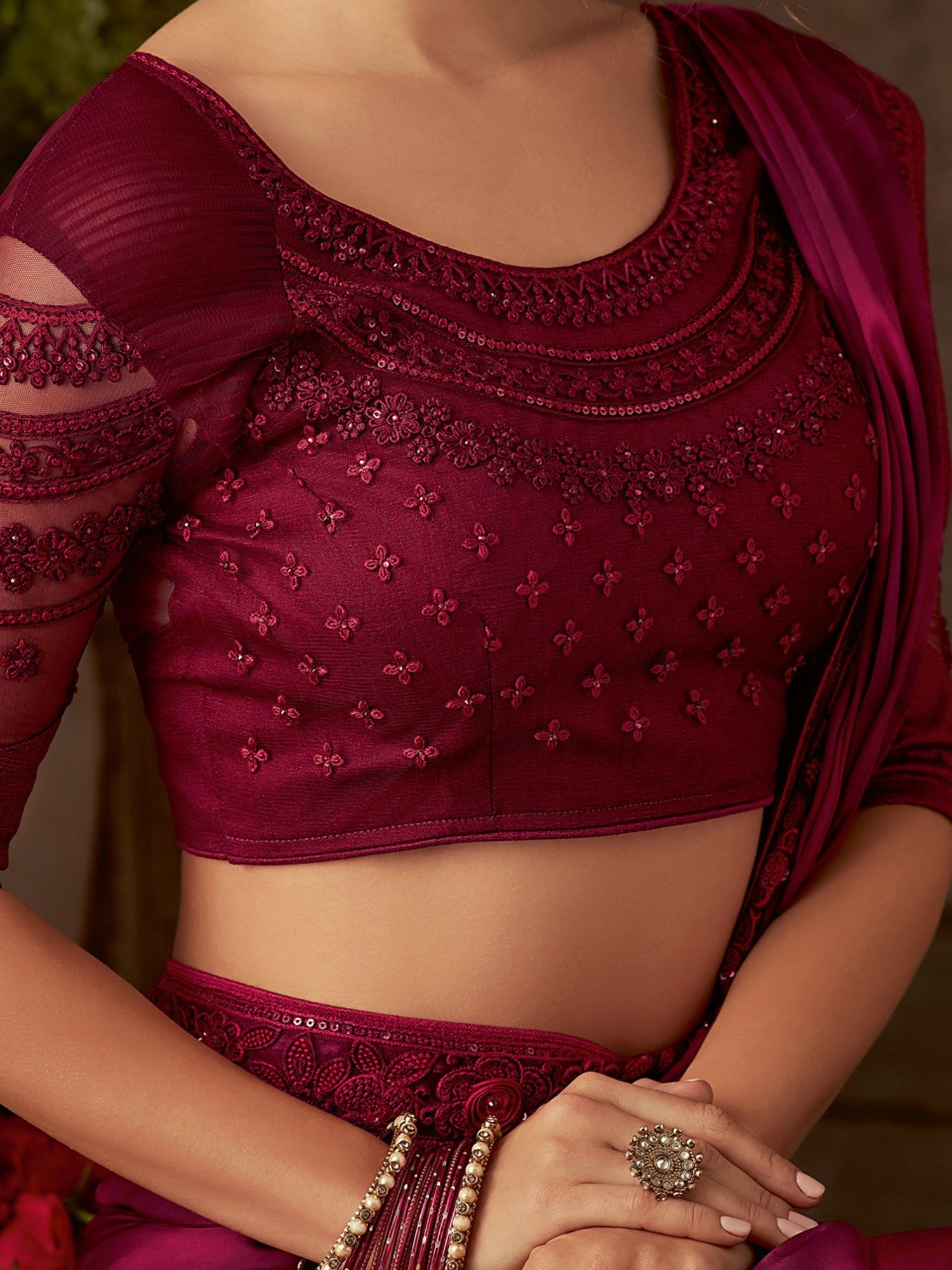 Maroon Georgette Resham Embroidery Saree - Ressa