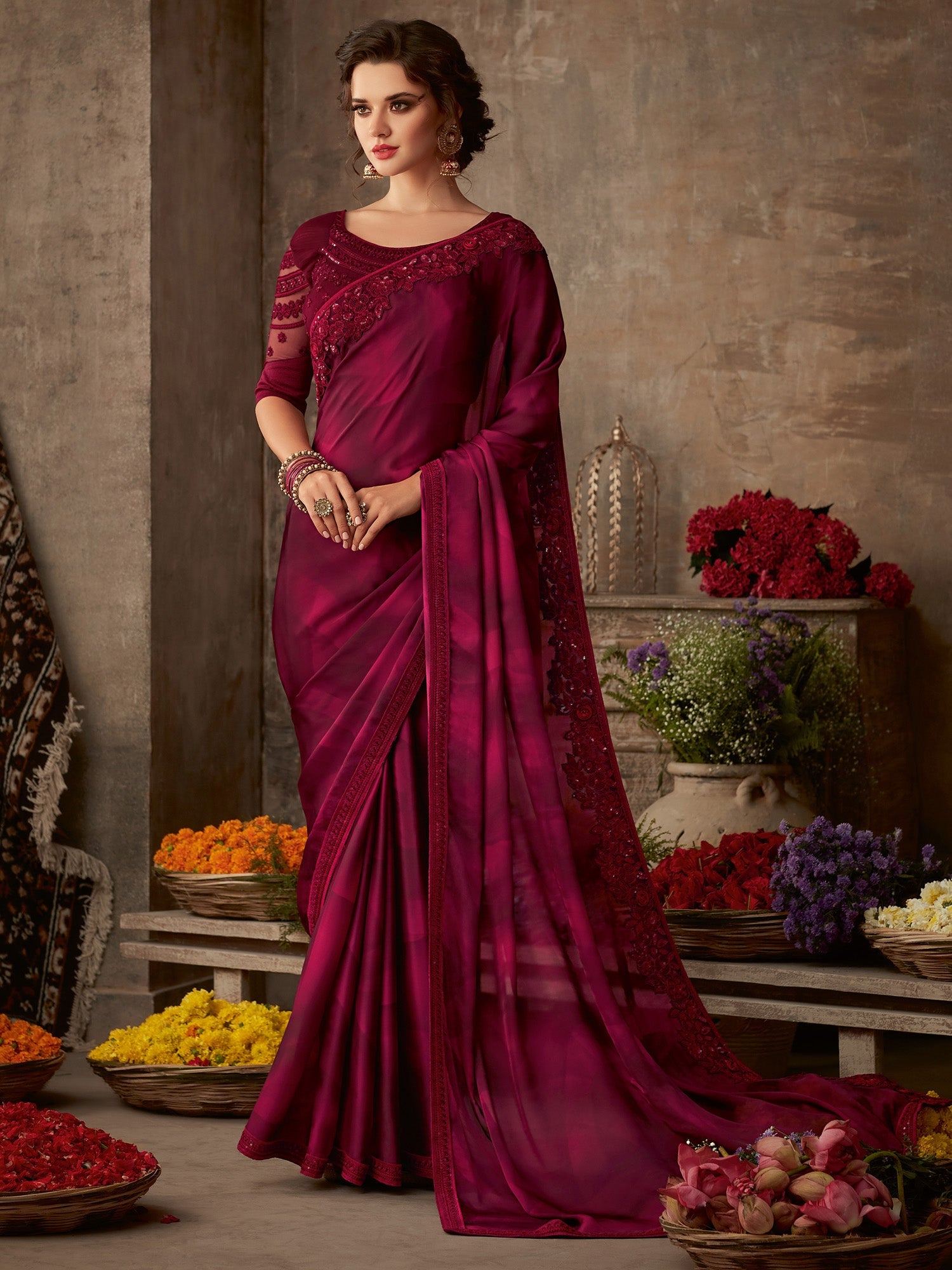 Maroon Georgette Resham Embroidery Saree - Ressa