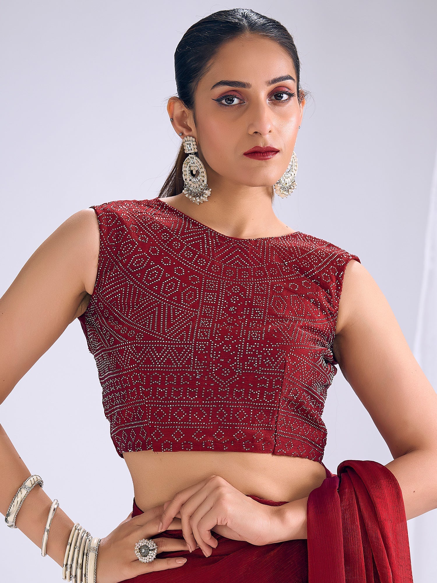 Maroon Georgette Saree with Embellished Blouse - Ressa