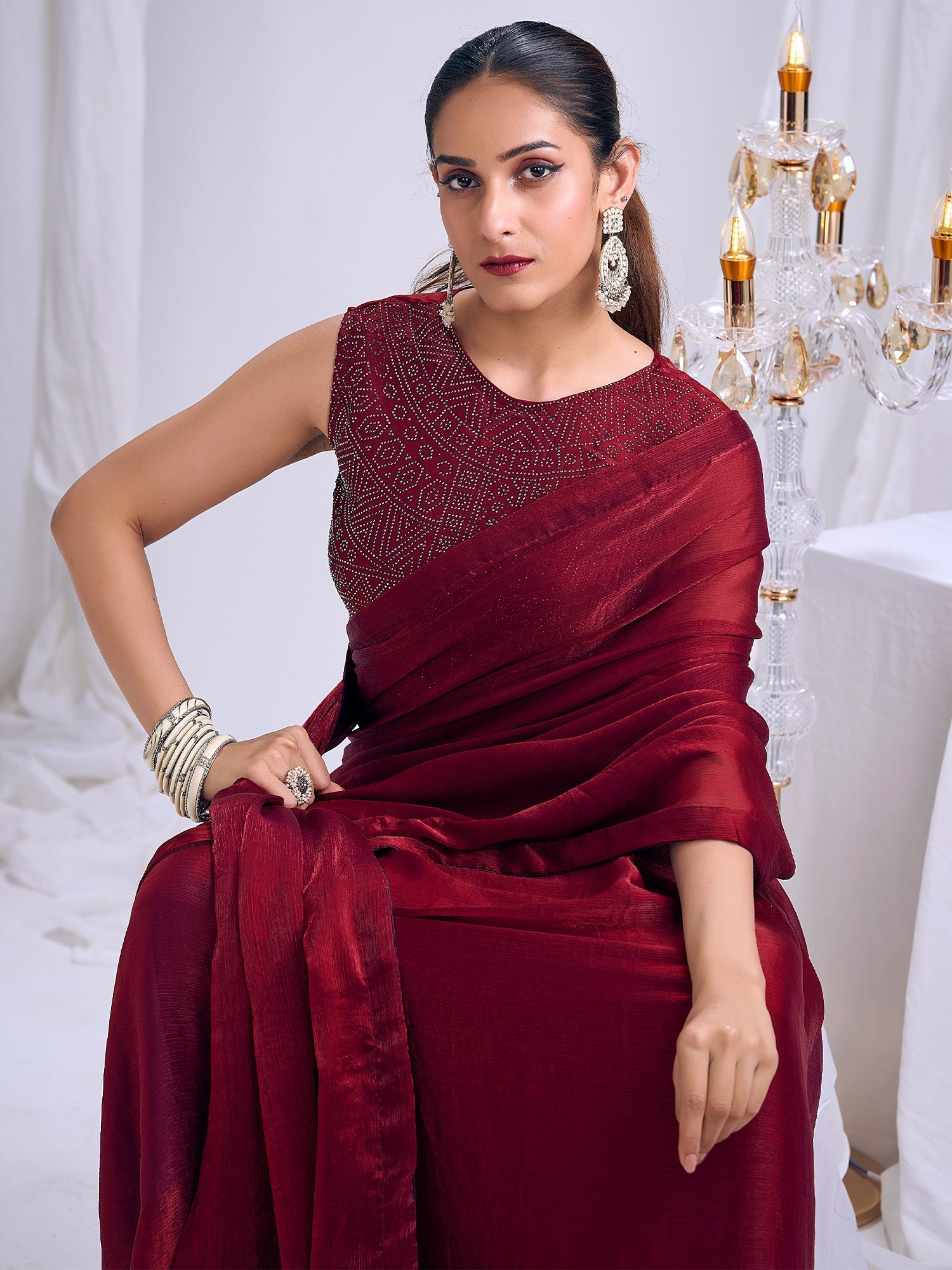 Maroon Georgette Saree with Embellished Blouse - Ressa