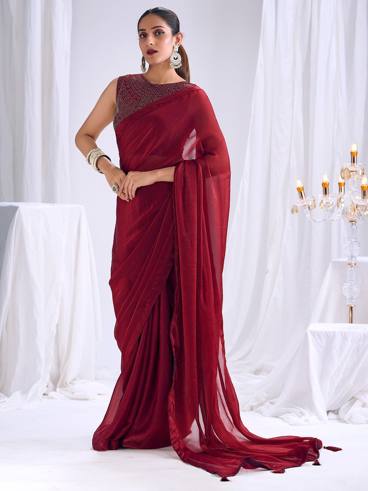 Maroon Georgette Saree with Embellished Blouse - Ressa