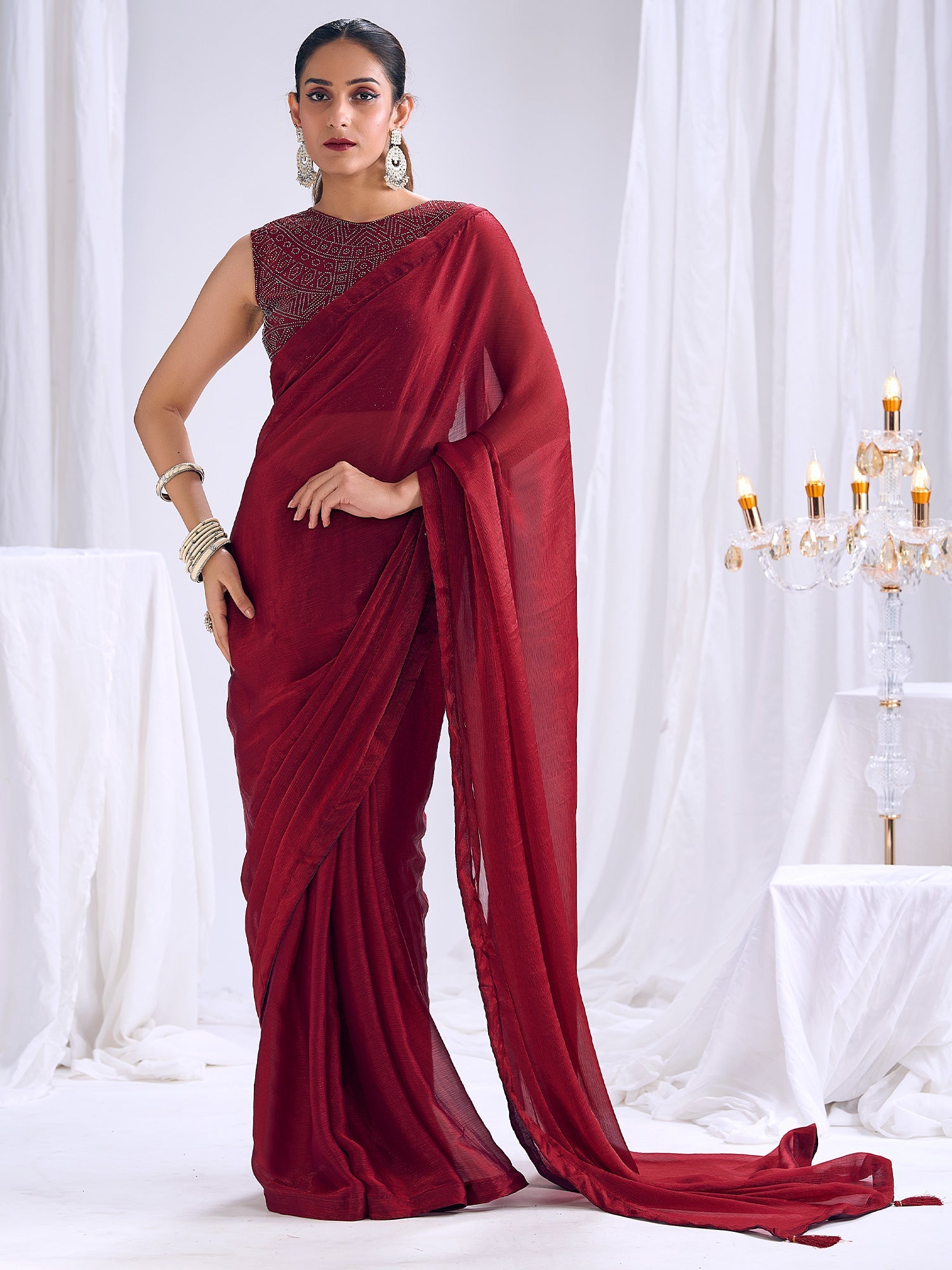 Maroon Georgette Saree with Embellished Blouse - Ressa