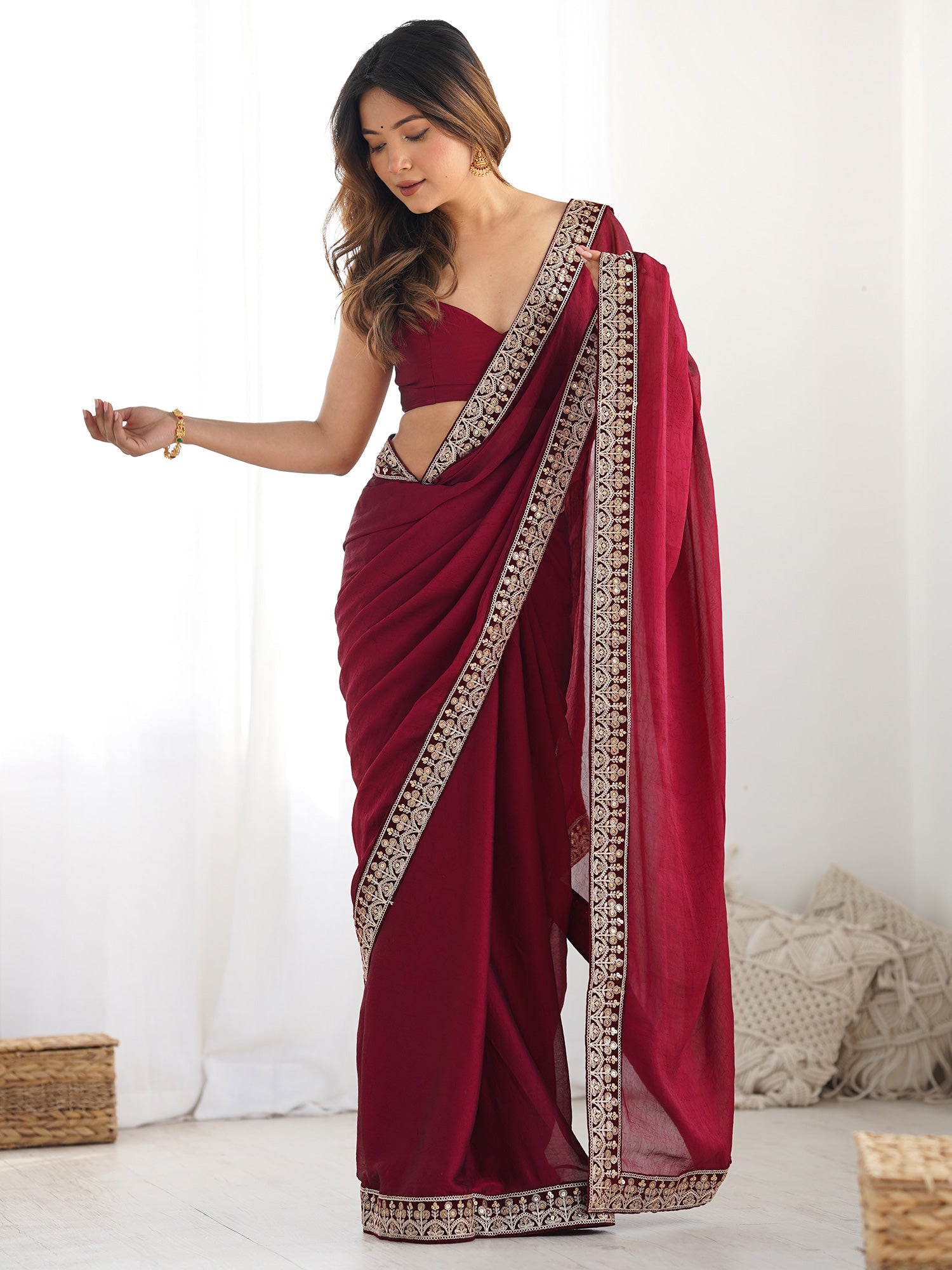 Maroon Georgette Saree with Embroidered Border | - Ressa