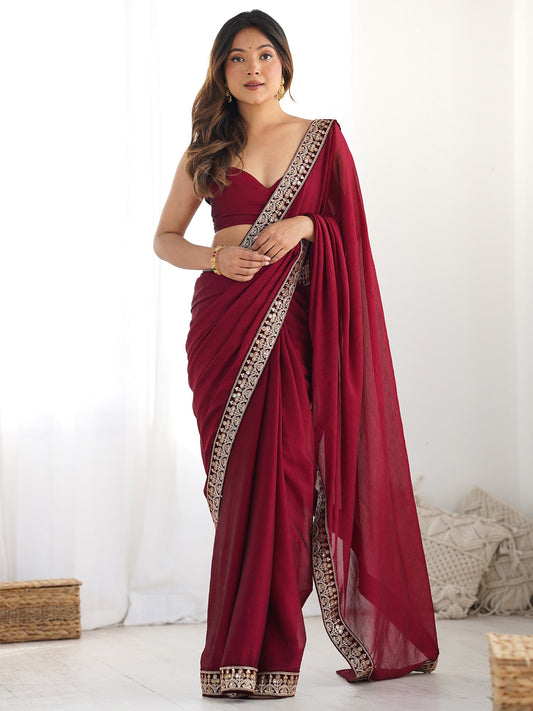 Maroon Georgette Saree with Embroidered Border | - Ressa