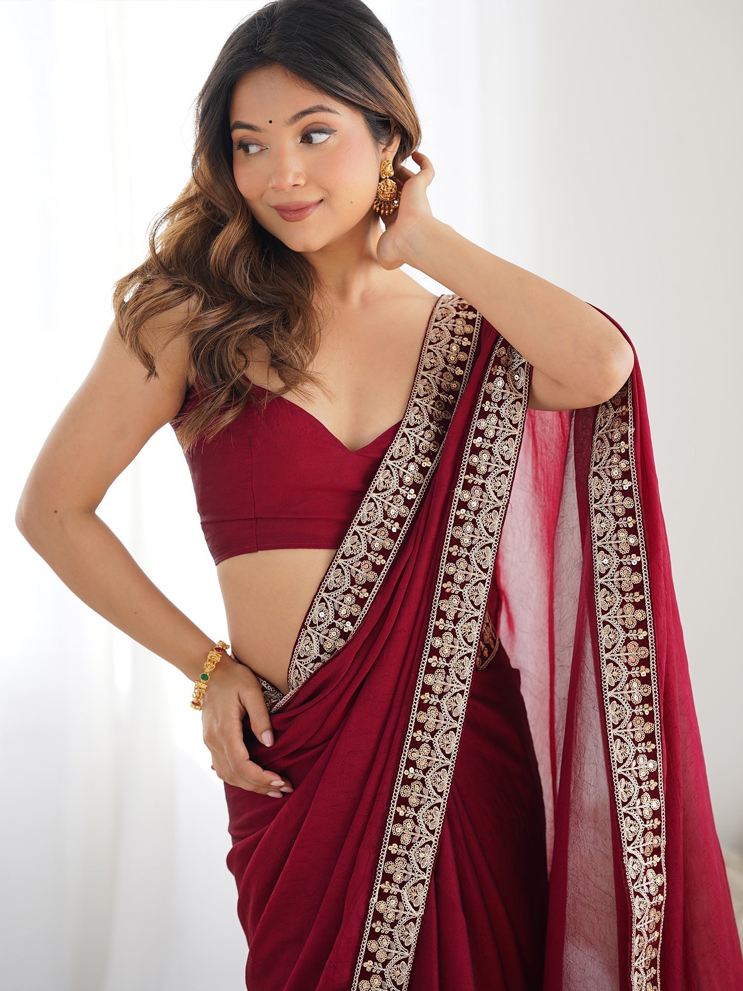 Maroon Georgette Saree with Embroidered Border | - Ressa