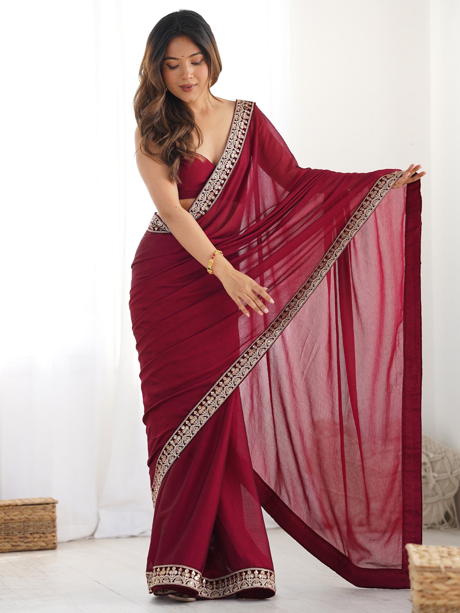 Maroon Georgette Saree with Embroidered Border | - Ressa