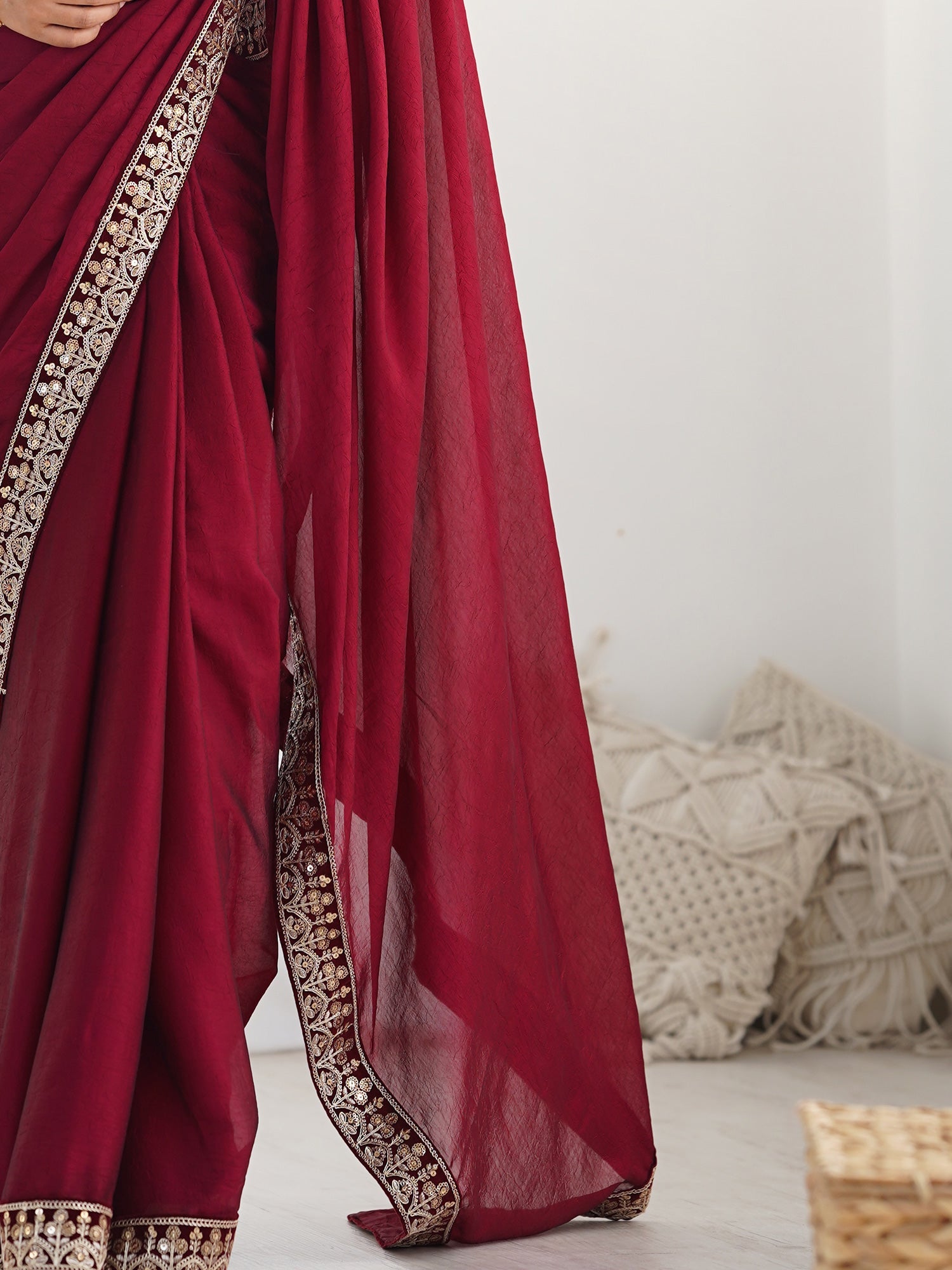 Maroon Georgette Saree with Embroidered Border | - Ressa