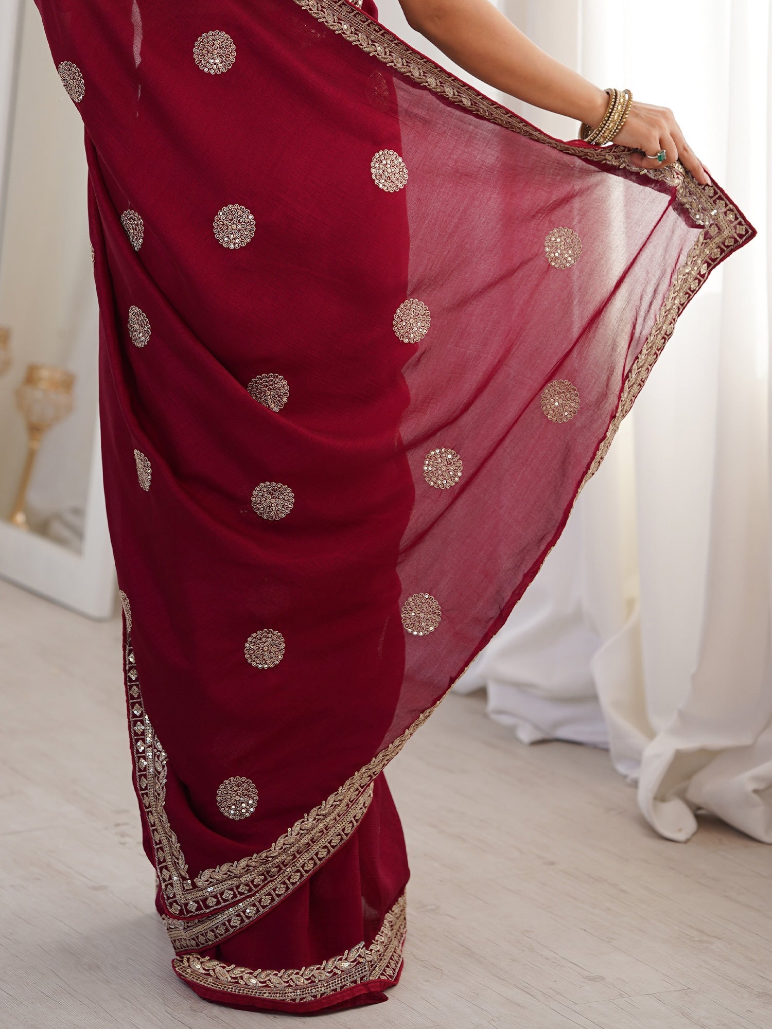 Maroon Georgette Saree with Gold Embroidered Buti & Border - Ressa