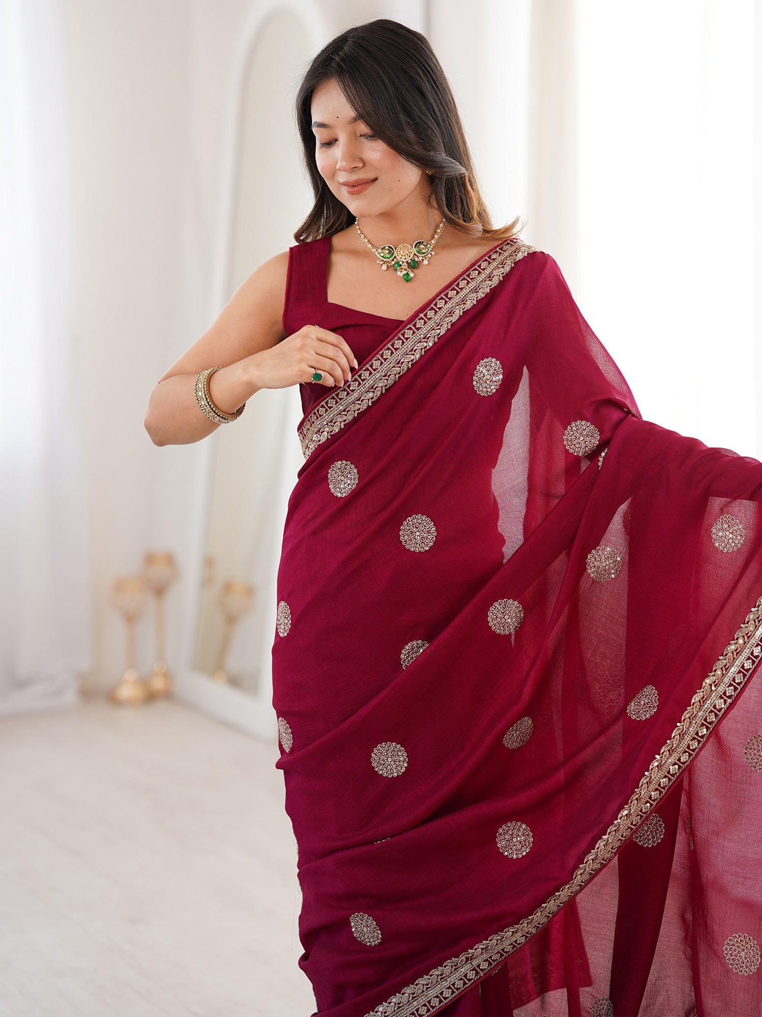 Maroon Georgette Saree with Gold Embroidered Buti & Border - Ressa