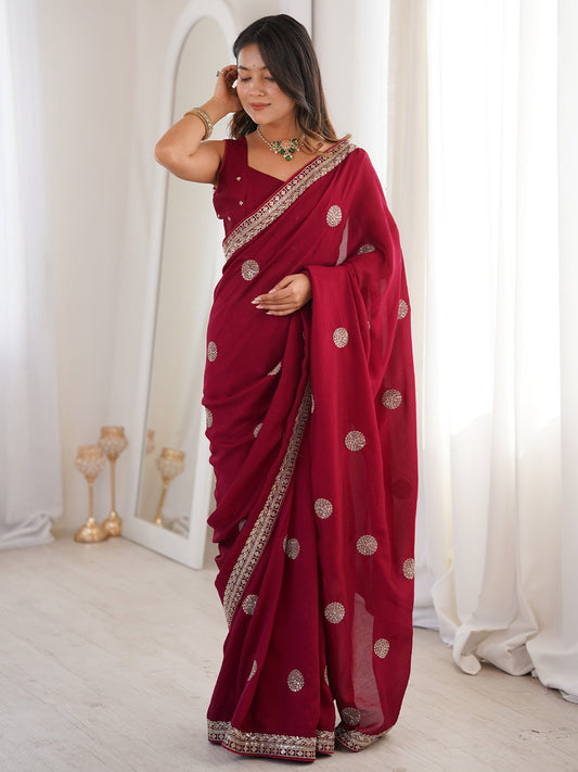 Maroon Georgette Saree with Gold Embroidered Buti & Border - Ressa