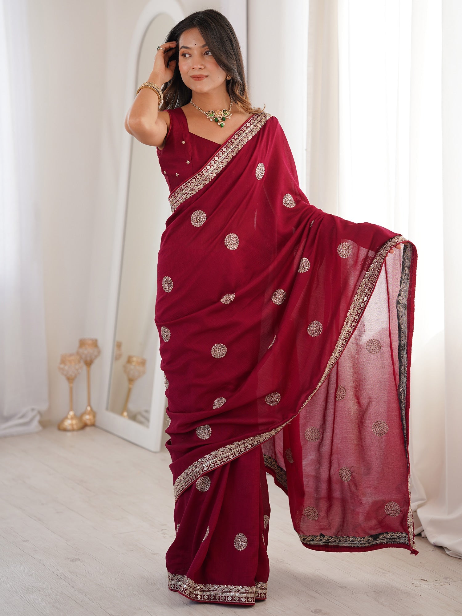 Maroon Georgette Saree with Gold Embroidered Buti & Border - Ressa