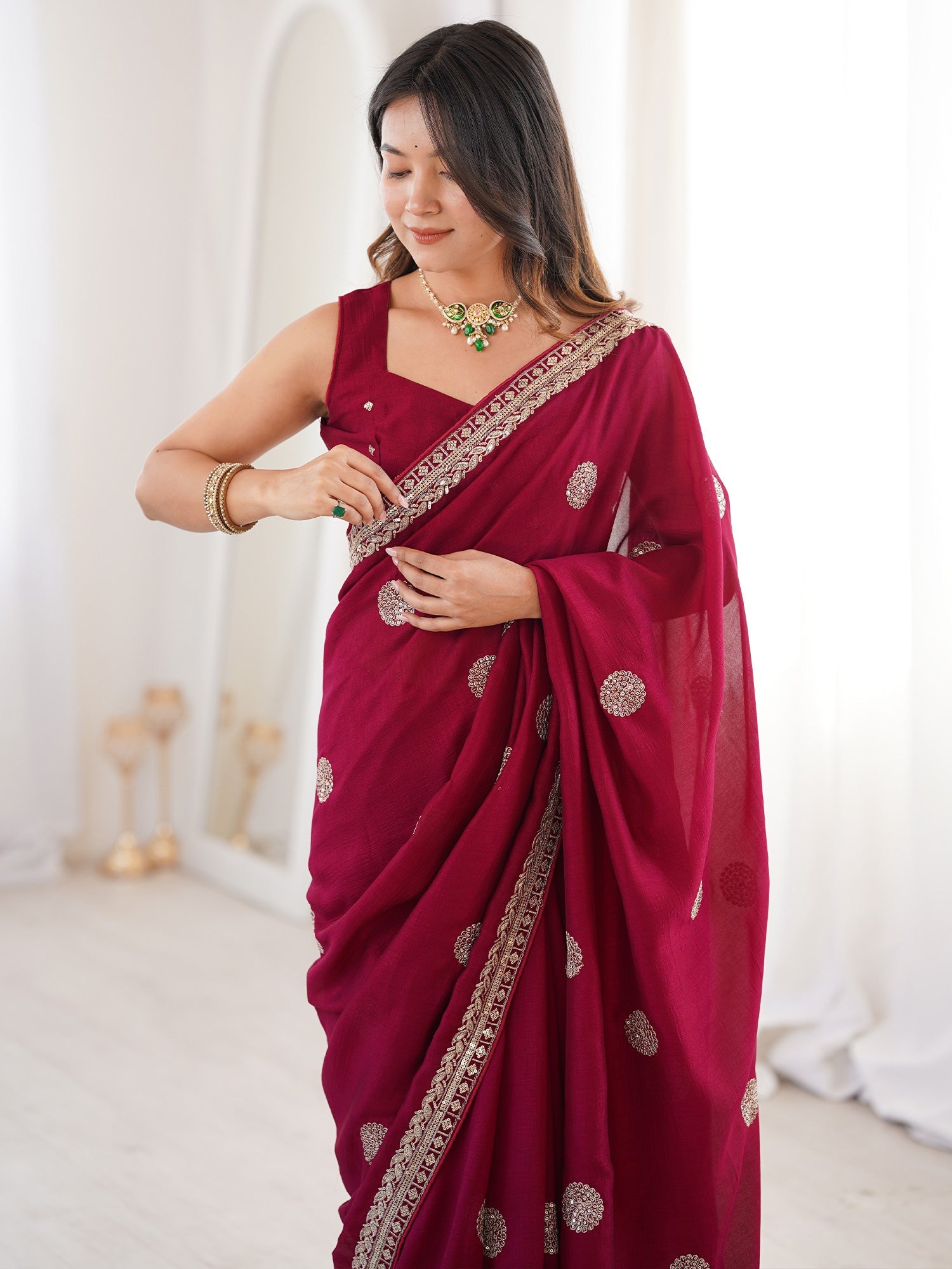 Maroon Georgette Saree with Gold Embroidered Buti & Border - Ressa
