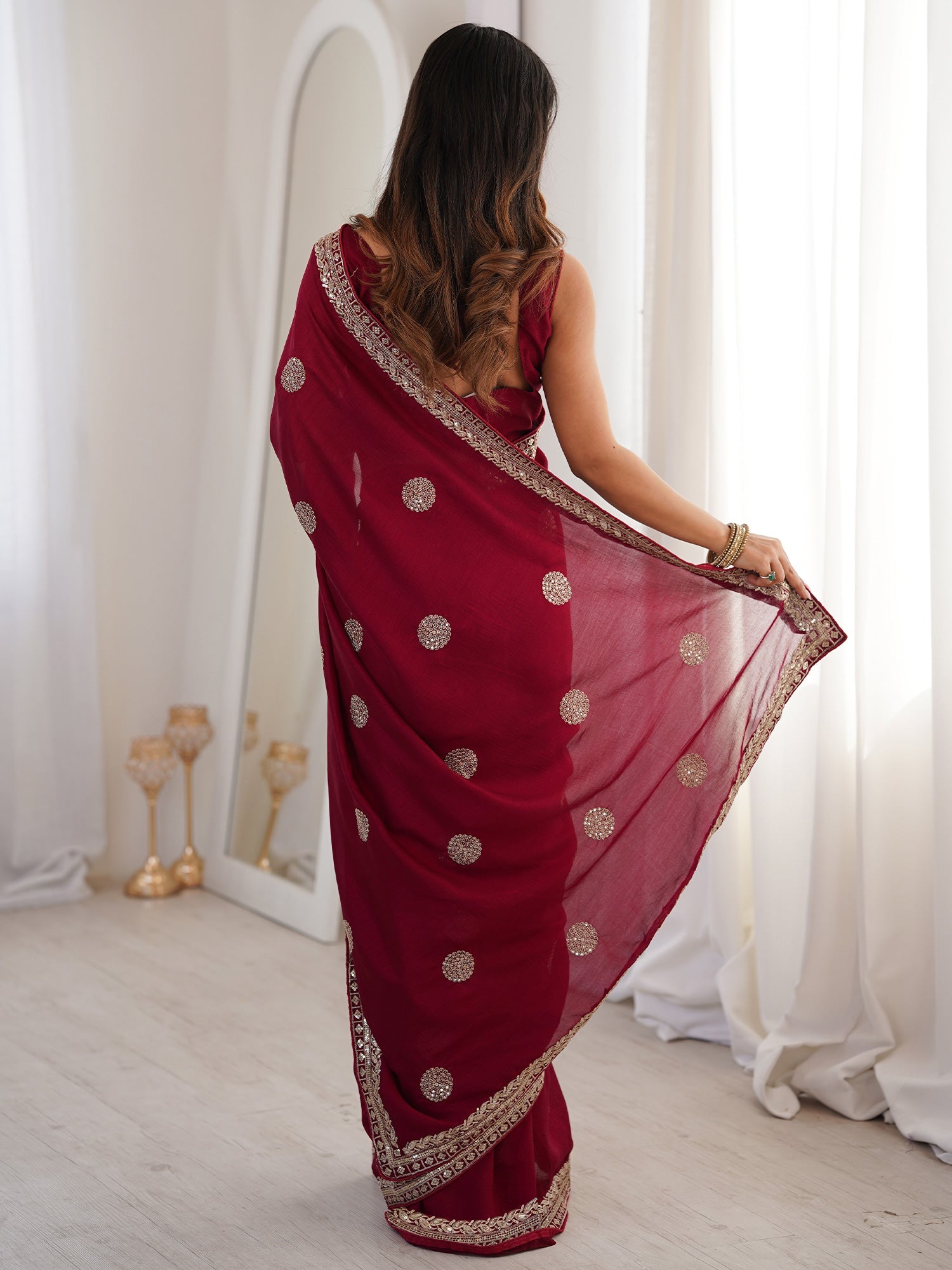 Maroon Georgette Saree with Gold Embroidered Buti & Border - Ressa