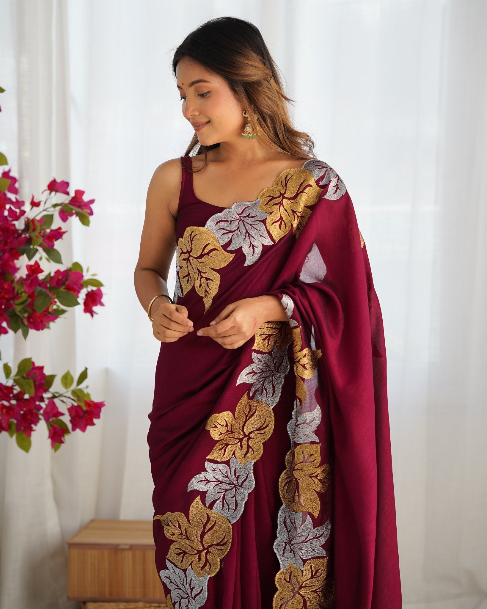 Maroon Georgette Saree with Gold & Silver Leaf Embroidery - Ressa