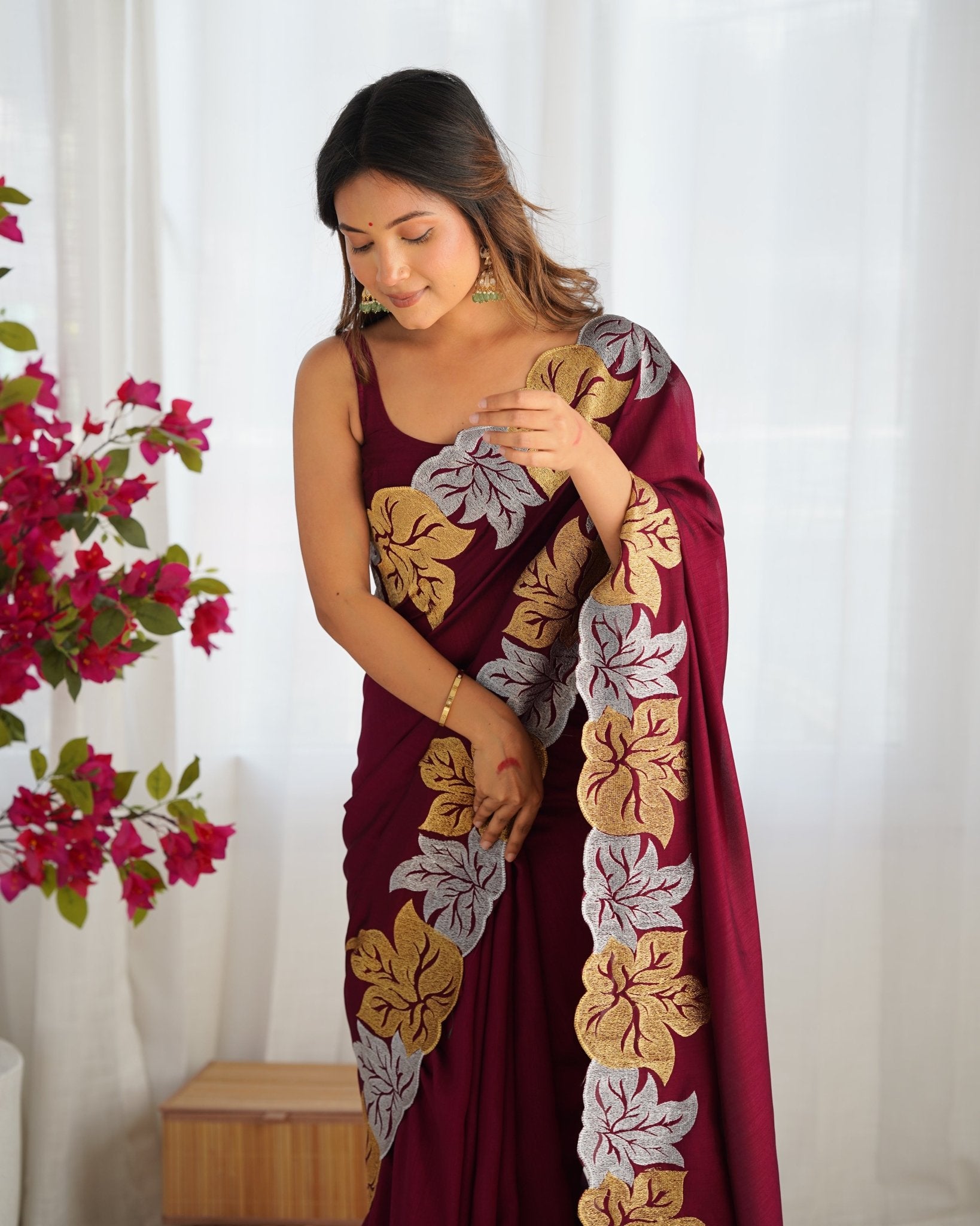 Maroon Georgette Saree with Gold & Silver Leaf Embroidery - Ressa