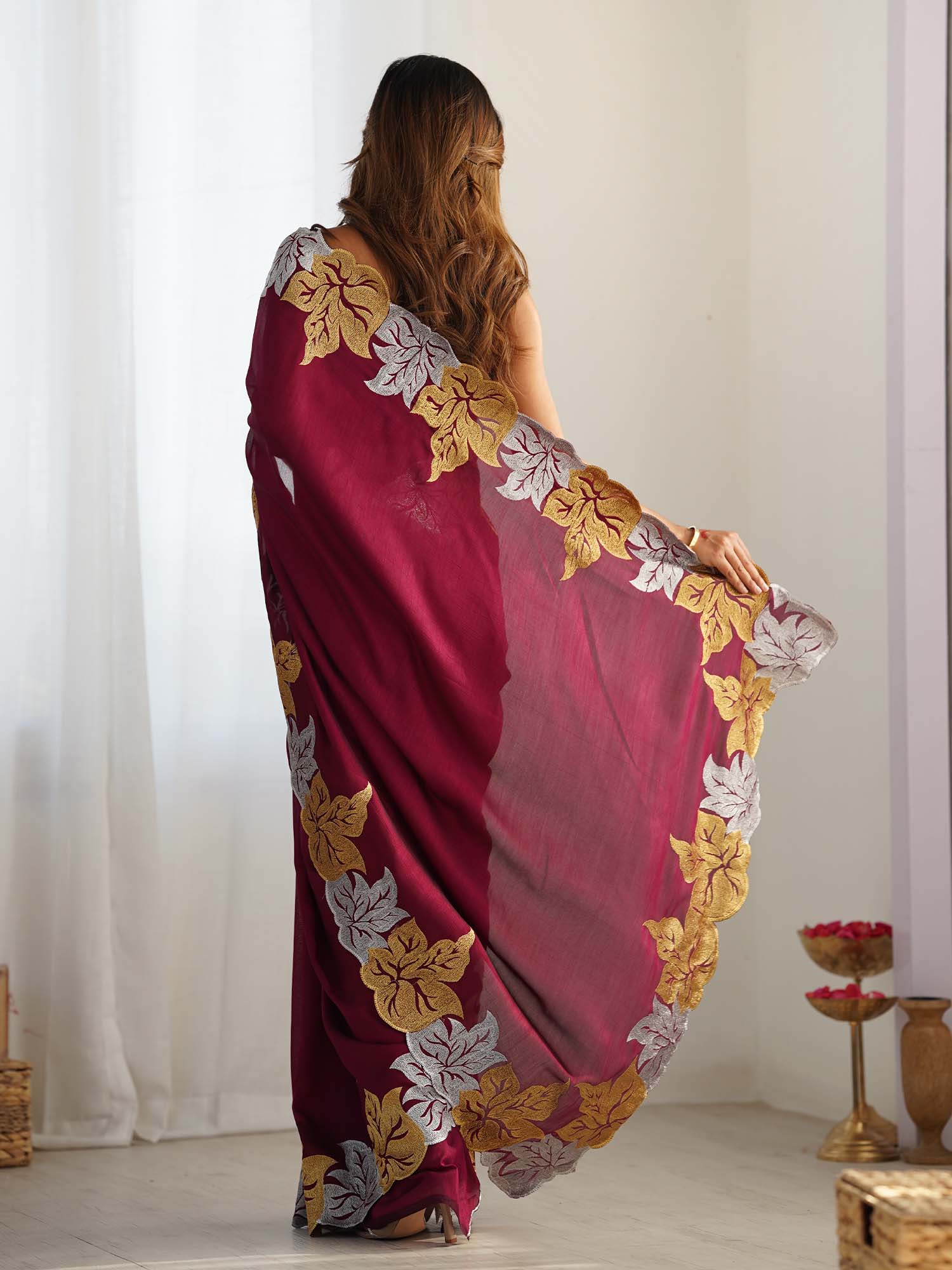 Maroon Georgette Saree with Gold & Silver Leaf Embroidery - Ressa