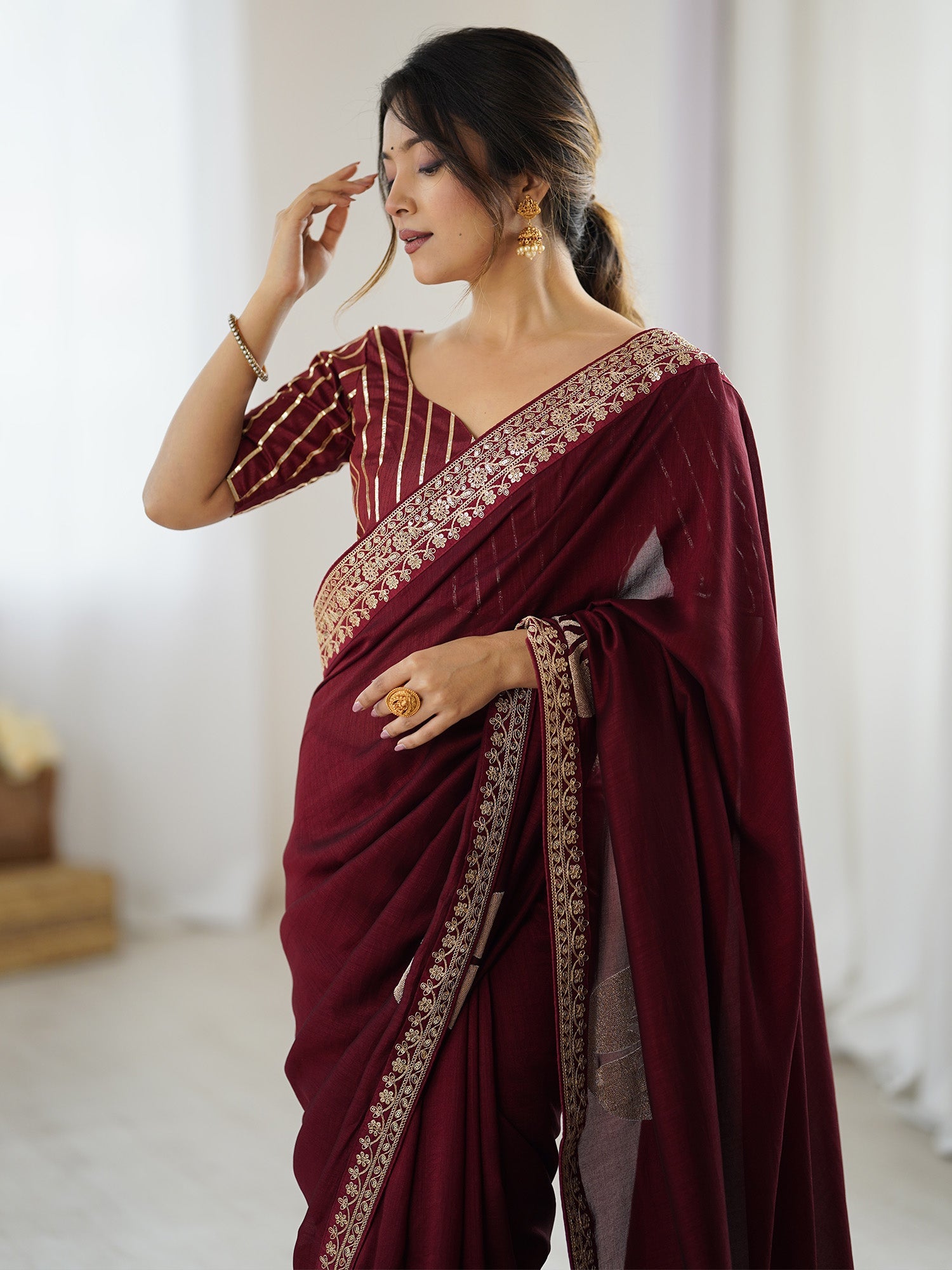 Maroon Georgette Saree with Palm Tree Appliqué - Ressa