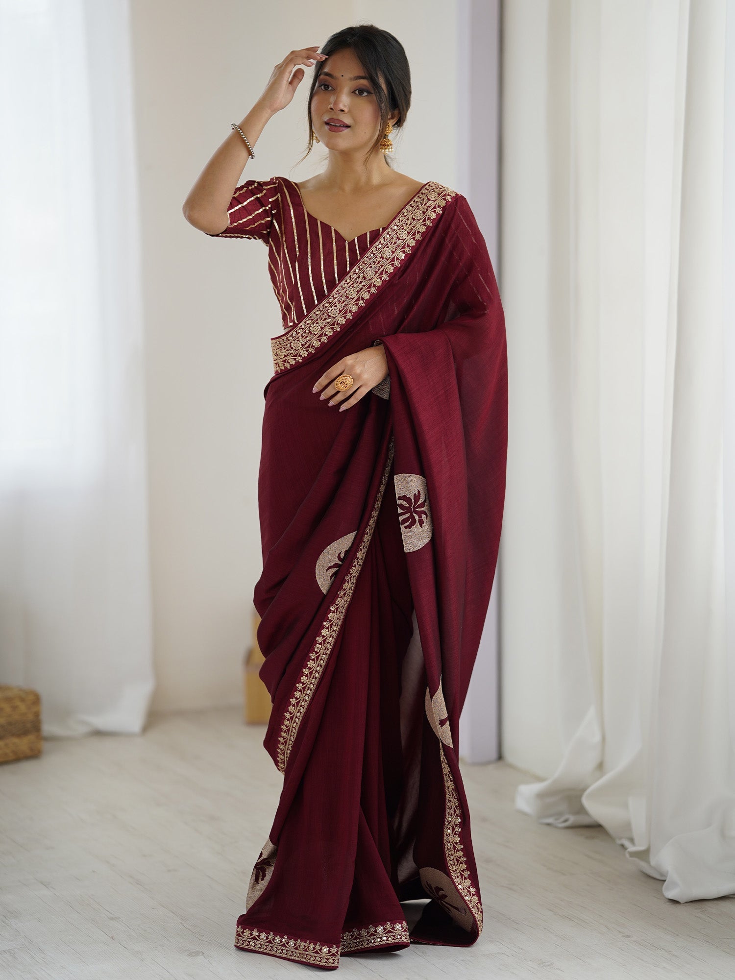 Maroon Georgette Saree with Palm Tree Appliqué - Ressa