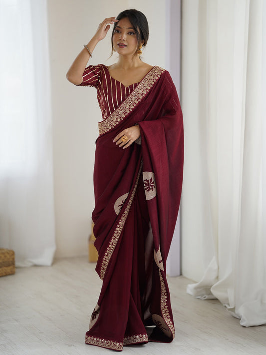 Maroon Georgette Saree with Palm Tree Appliqué - Ressa