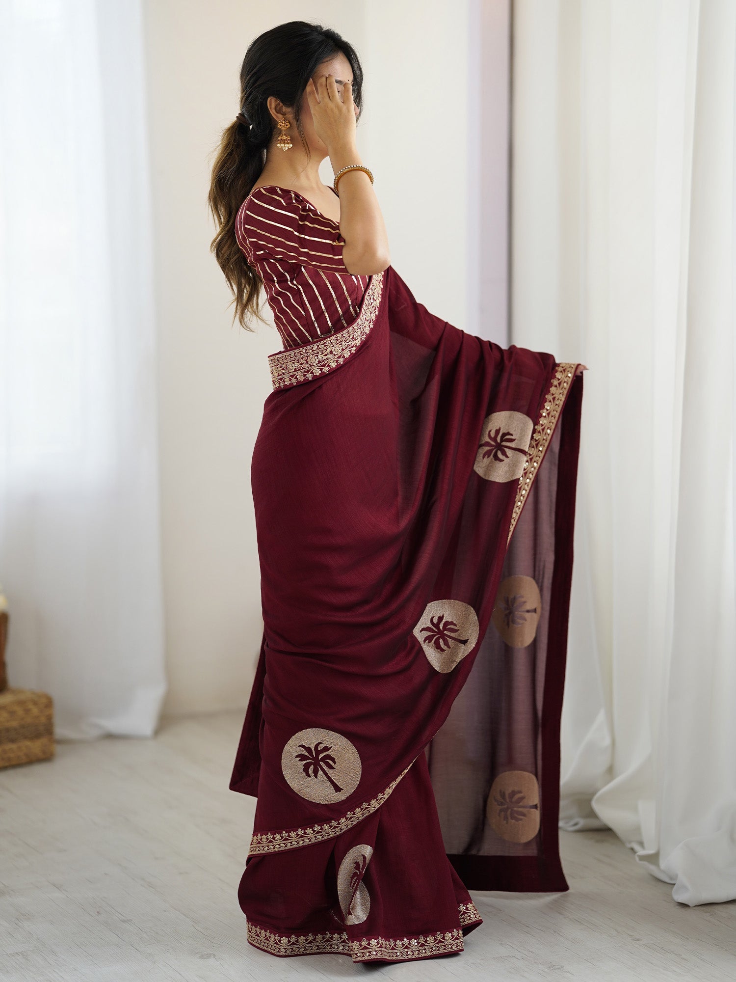 Maroon Georgette Saree with Palm Tree Appliqué - Ressa