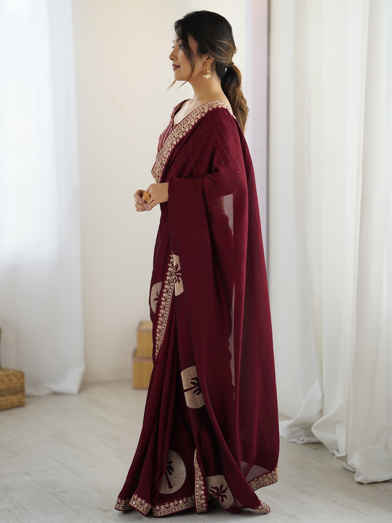 Maroon Georgette Saree with Palm Tree Appliqué - Ressa