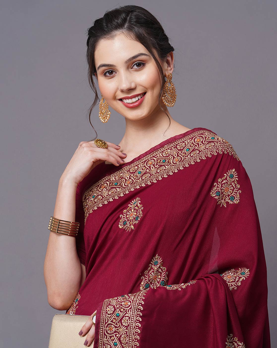 Maroon Georgette Silk Intricate Resham Saree - Ressa