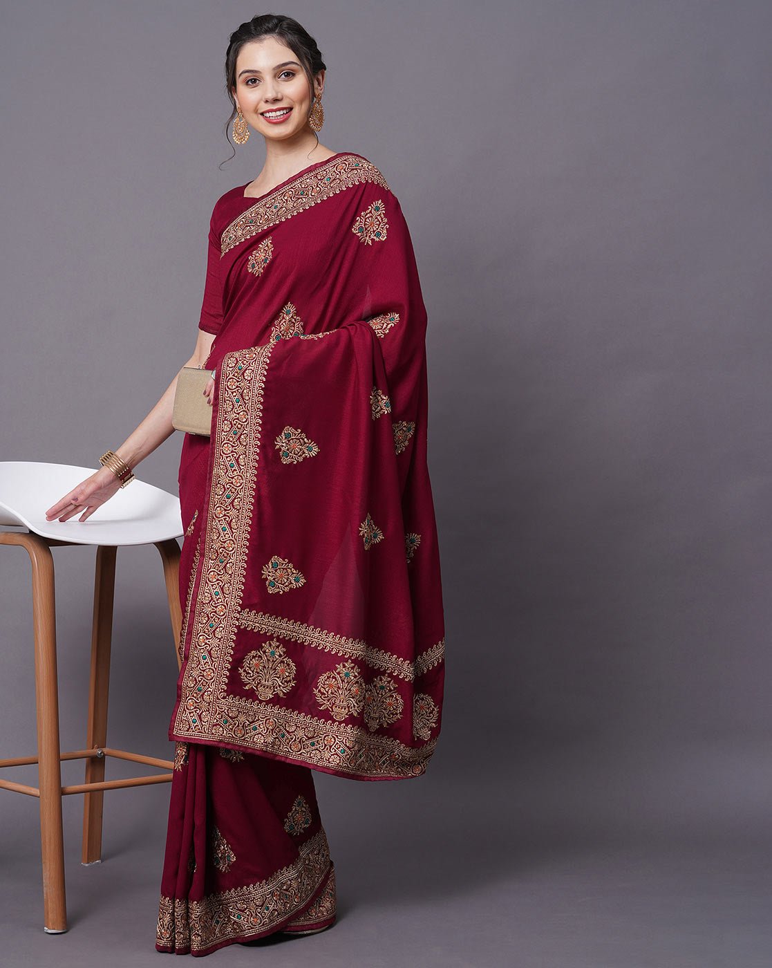 Maroon Georgette Silk Intricate Resham Saree - Ressa