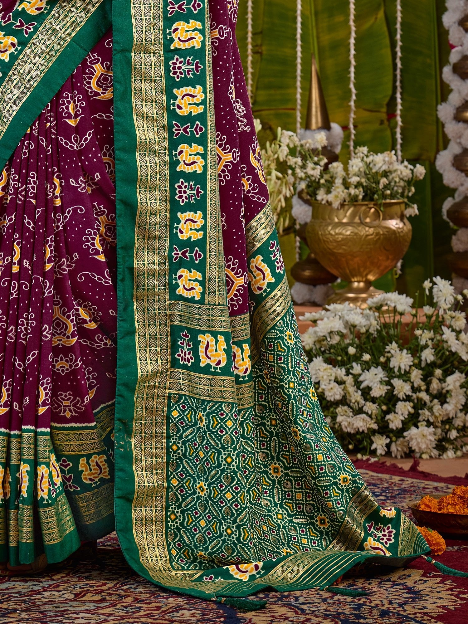 Maroon & Green Tussar Silk Saree - Ressa