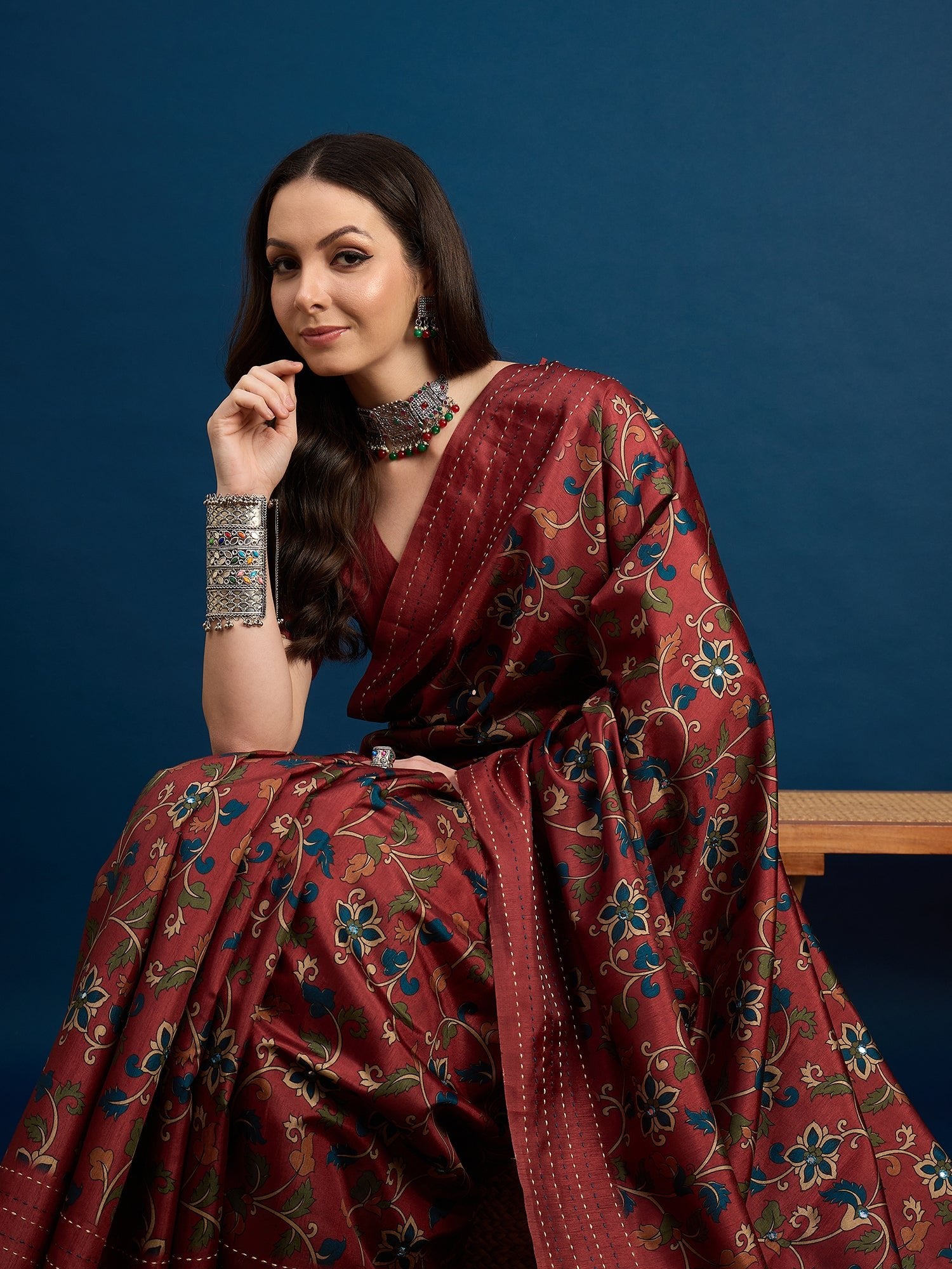 Maroon Kalamkari Silk Saree - Ressa