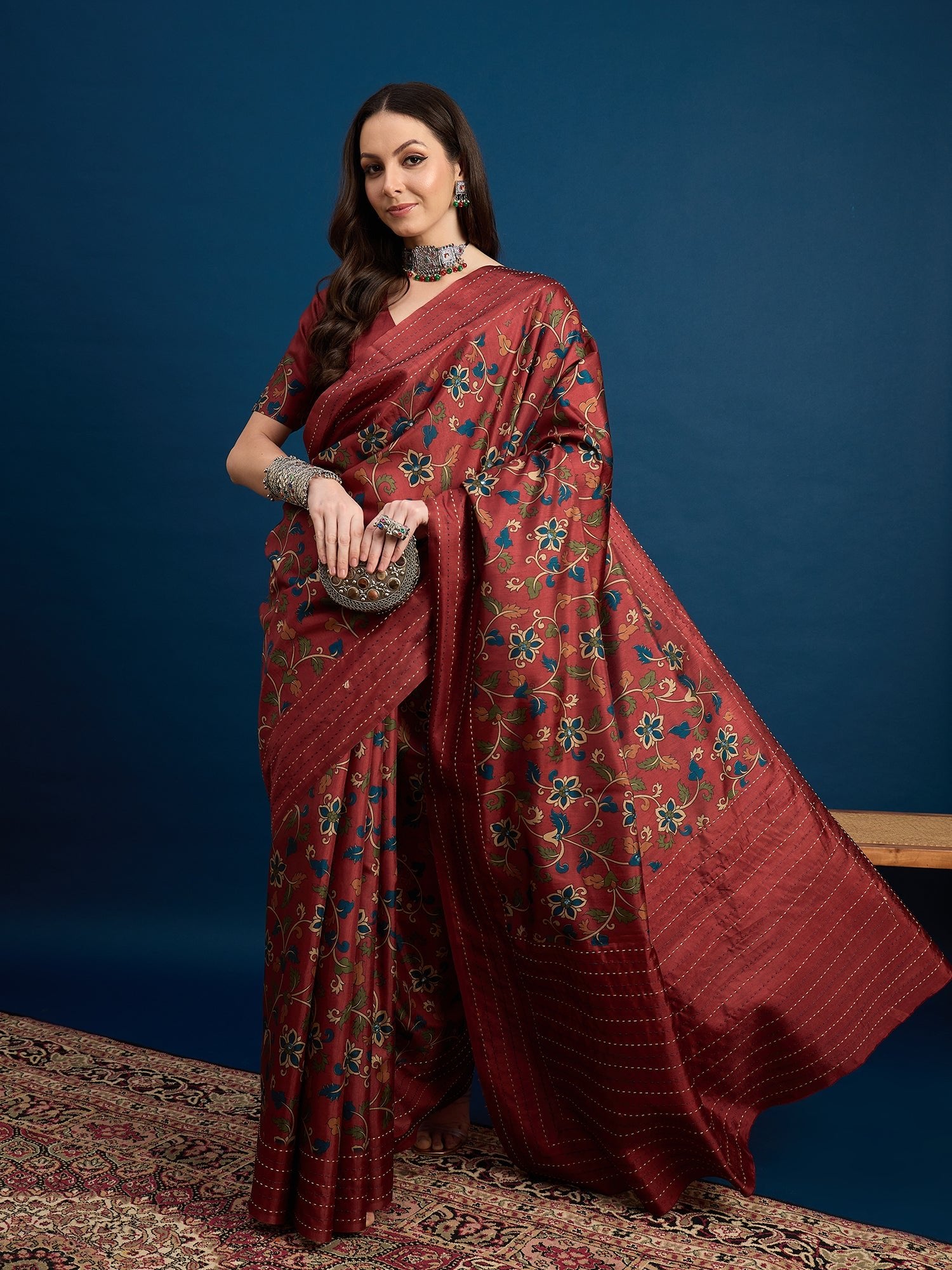 Maroon Kalamkari Silk Saree - Ressa