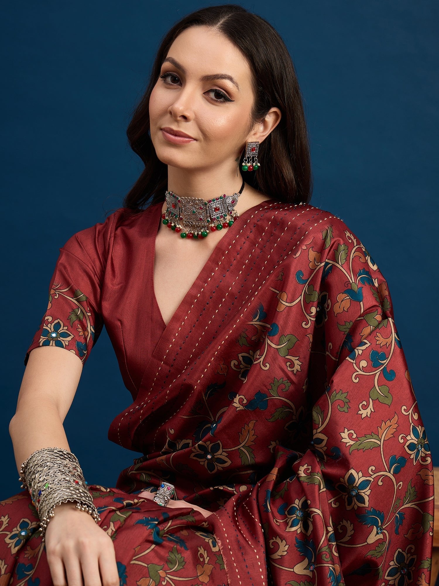 Maroon Kalamkari Silk Saree - Ressa