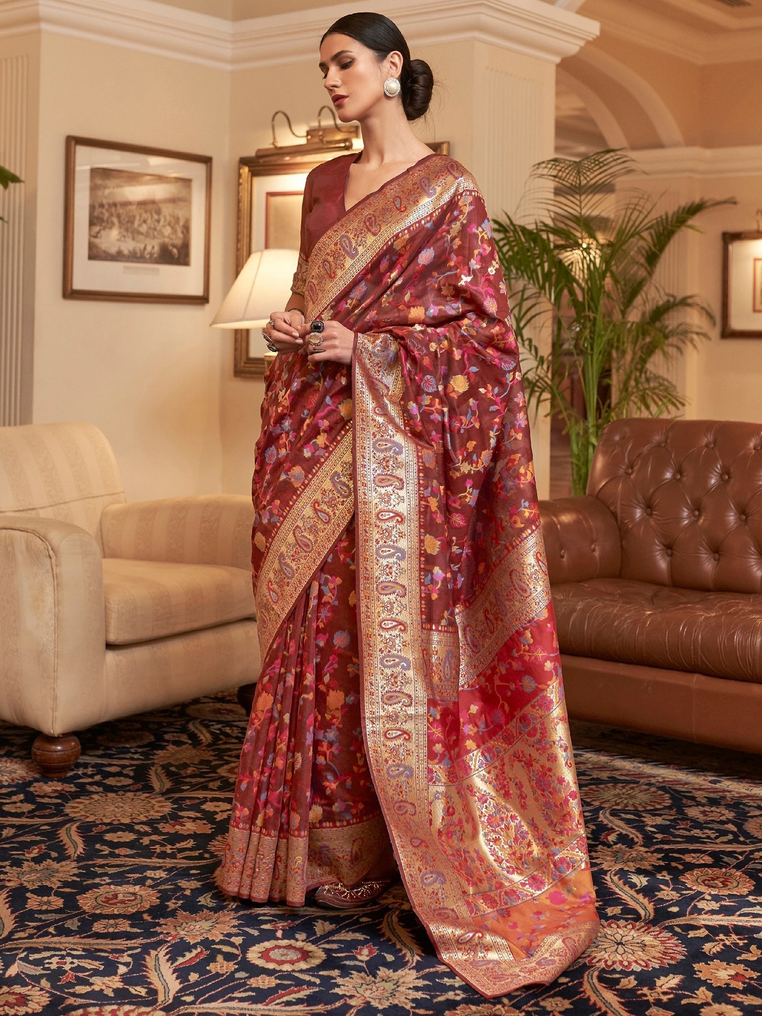 Maroon Kashmiri Silk Saree with Flower Motif - Ressa
